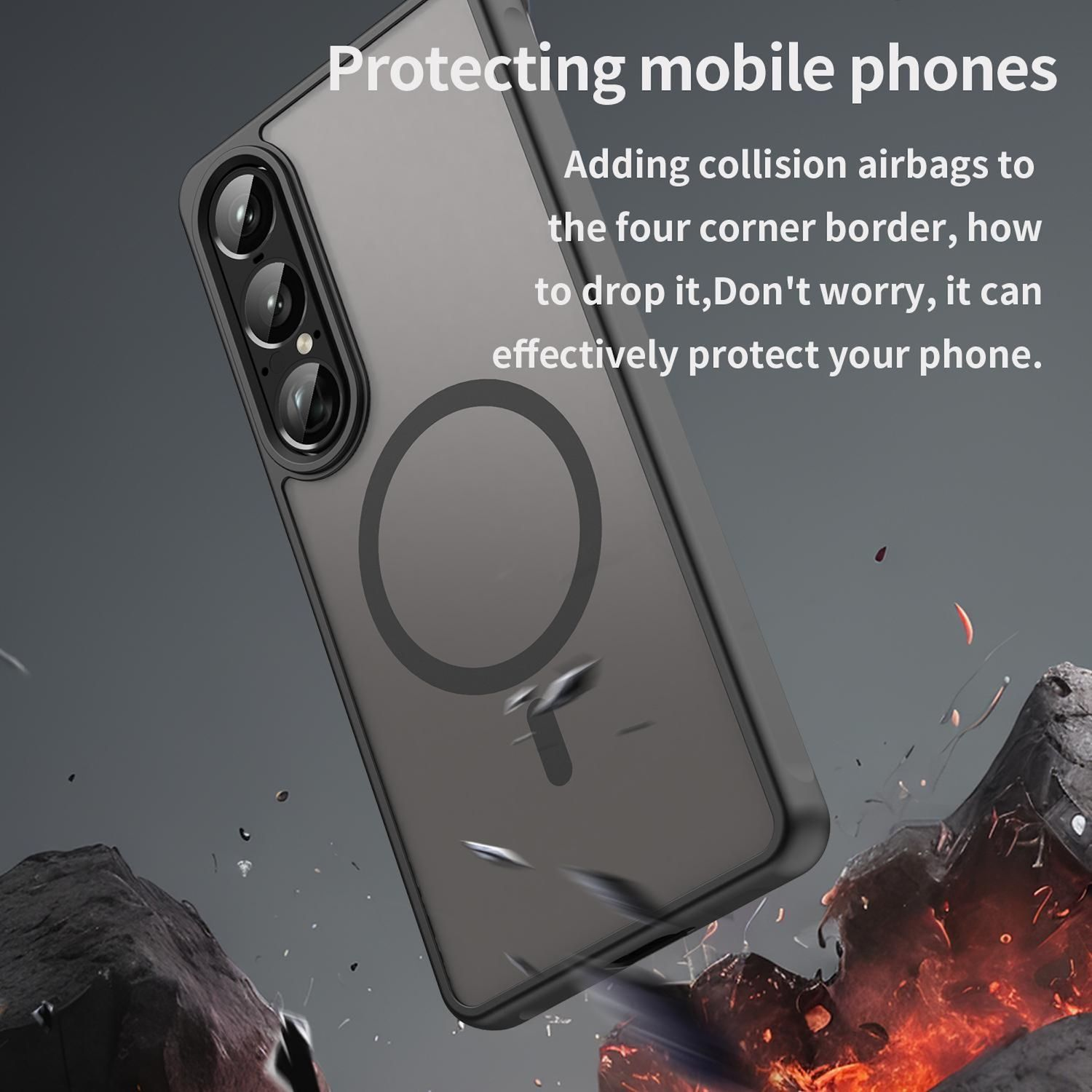 Una funda negra para teléfono con cámara. Texto: Protección de móviles. Añadiendo airbags de colisión.