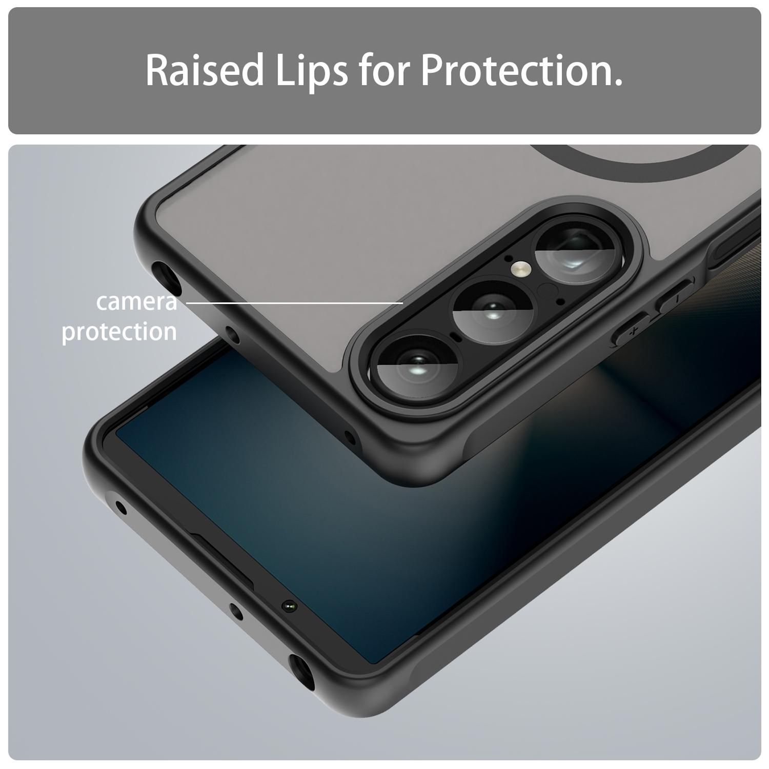 Primer plano de una funda de teléfono con bordes elevados. La funda es negra y gris, protegiendo la cámara y la pantalla.