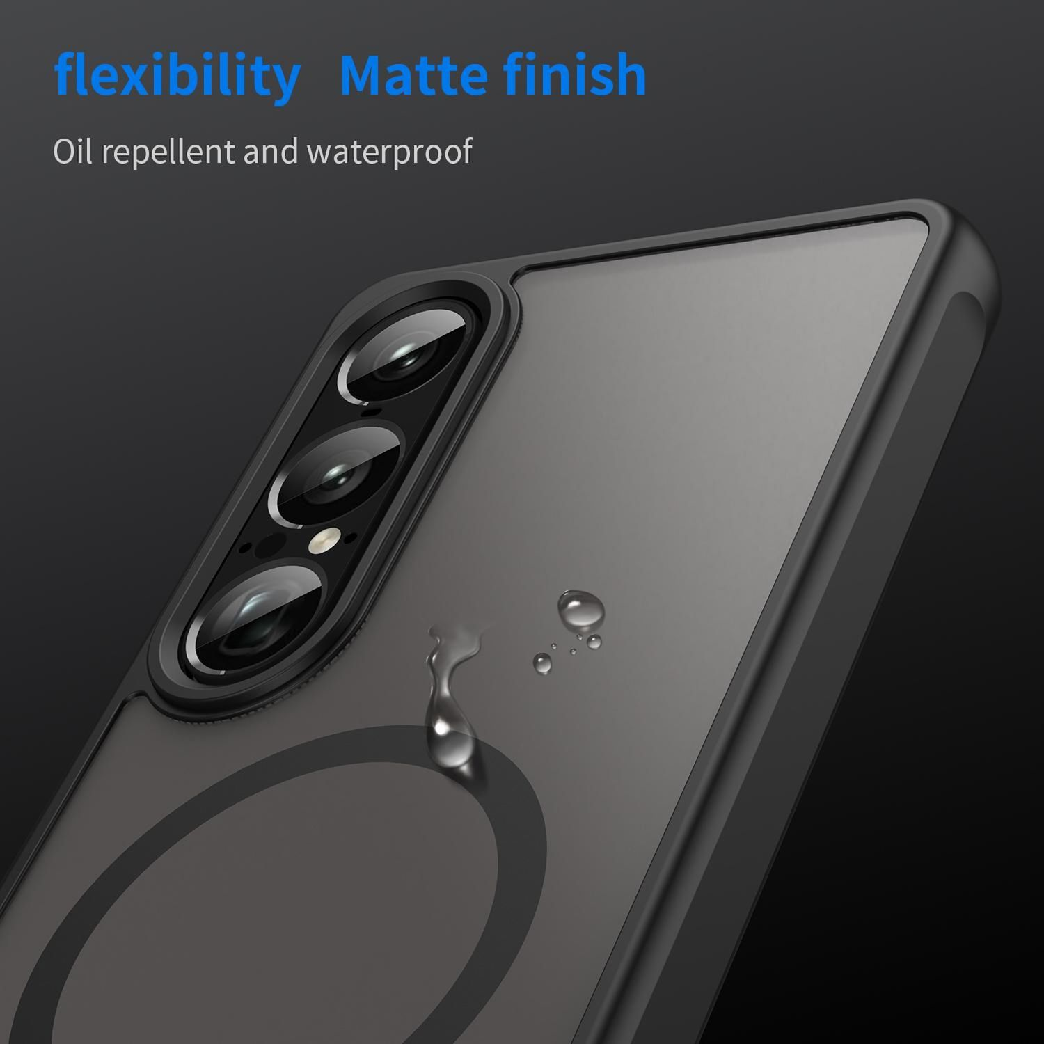 Primer plano de una funda de teléfono con acabado mate. Gotas de agua visibles. El texto dice 'flexibilidad' y 'acabado mate'.