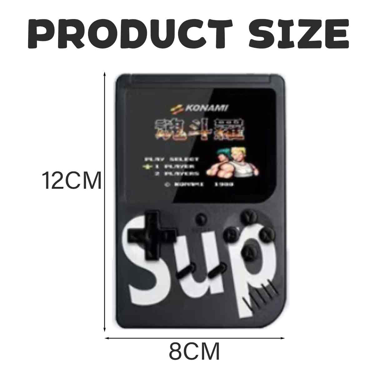 Eine Handheld-Spielkonsole mit 'SUP'-Logo. Abmessungen sind 12 cm x 8 cm. Der Bildschirm zeigt eine Spieloberfläche.