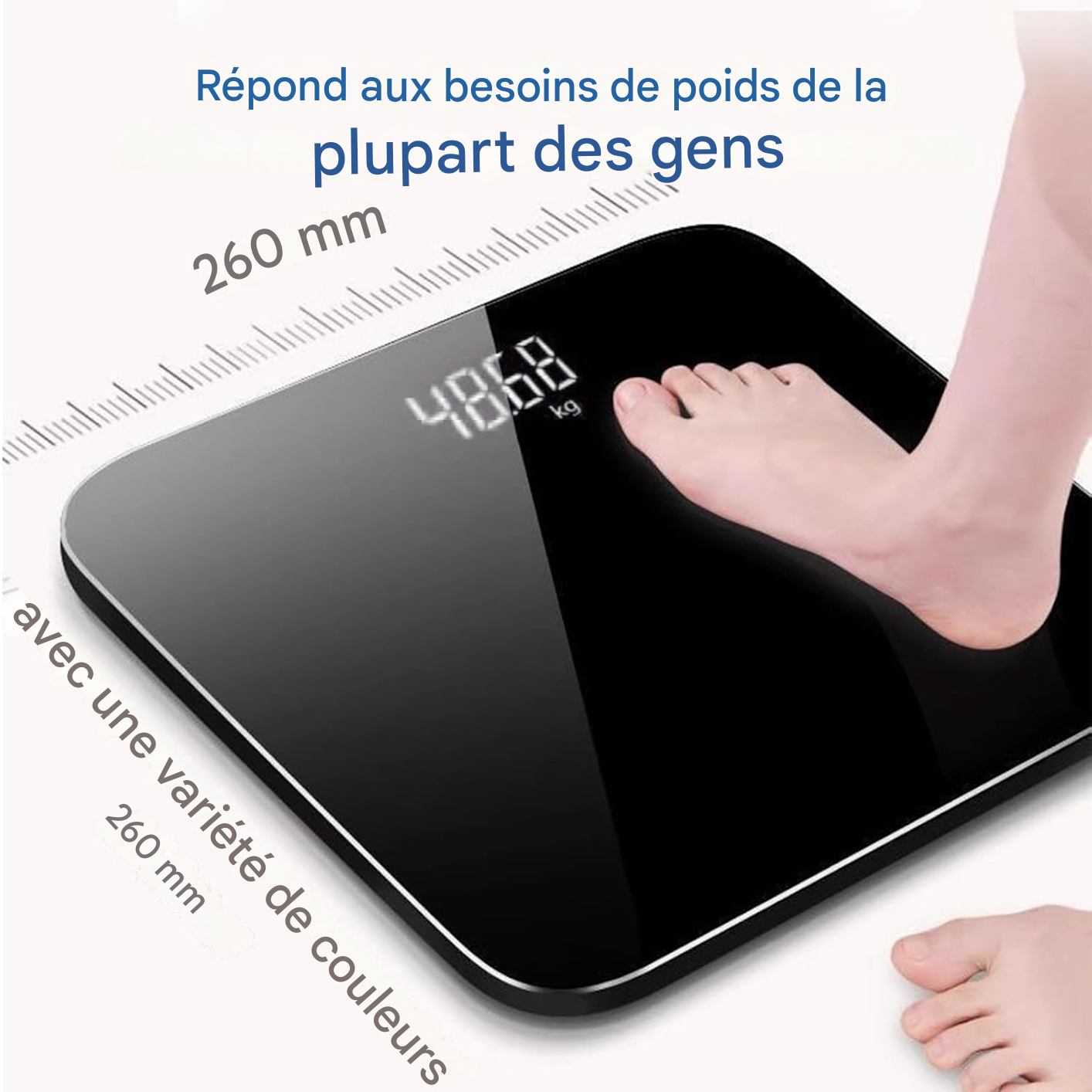 Eine Person steht auf einer schwarzen Waage, die 48,68 kg anzeigt. Text auf Französisch oben, Maße sind ebenfalls angegeben.