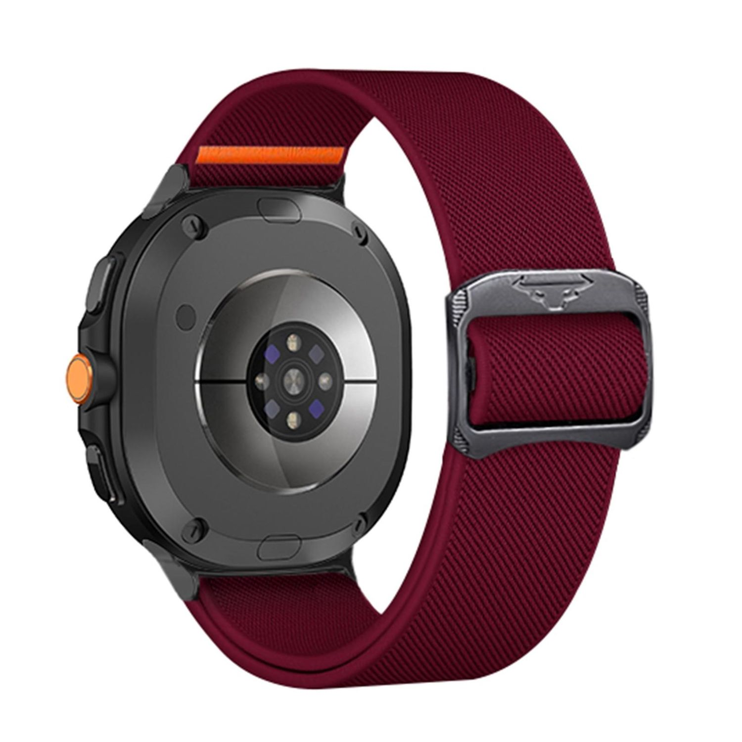 Uno smartwatch con cinturino bordeaux. L'orologio è nero con un pulsante arancione. Il cinturino ha una fibbia in metallo.