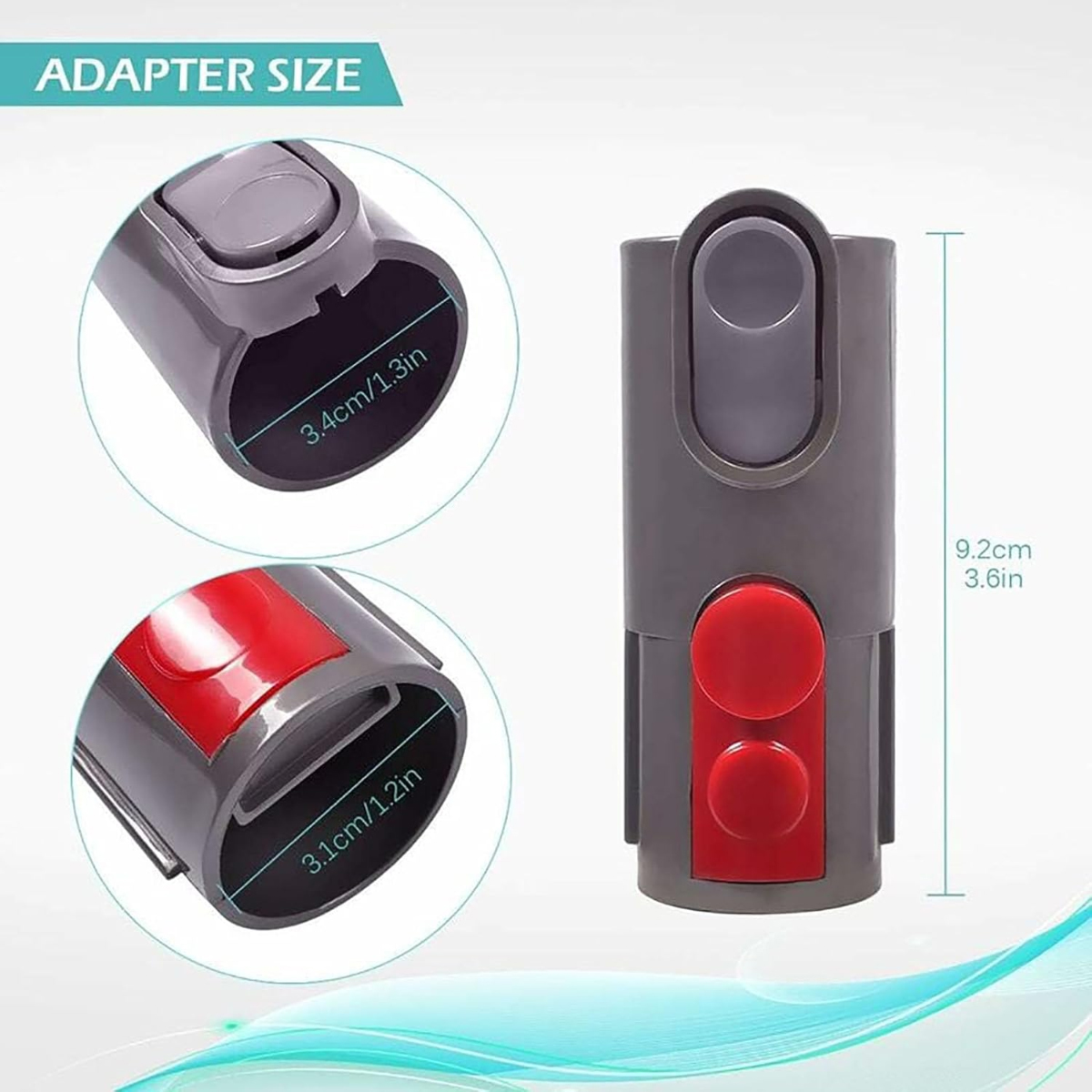 Das Bild zeigt graue Staubsauger-Adapterteile mit roten Knöpfen. Maße in cm und Zoll sind sichtbar. Text 'ADAPTER SIZE' steht oben.