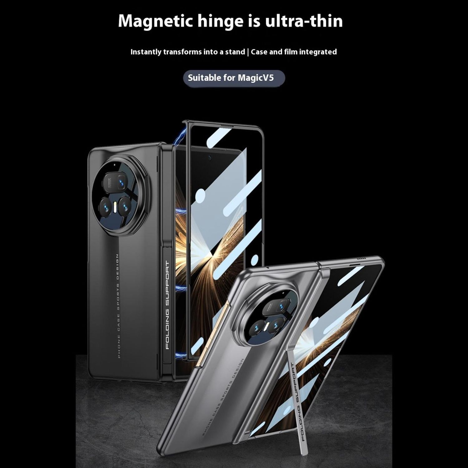 Das Bild zeigt eine faltbare Handyhülle mit einem Magnetscharnier. Das Telefon ist silber, die Hülle schwarz und der Hintergrund dunkel.