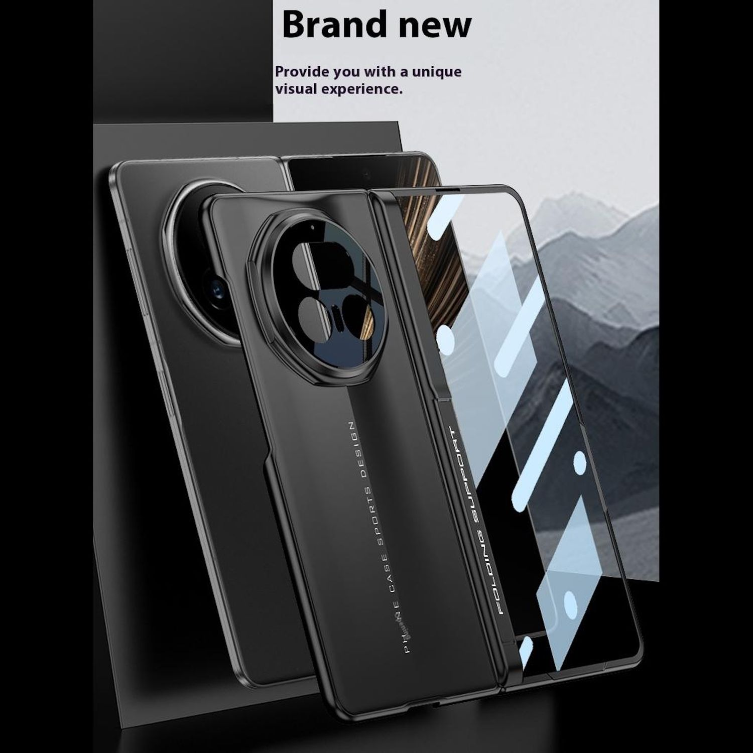 Schwarze Handyhülle, offen und geschlossen, mit Kameradetails. Text auf der Hülle lautet 'PHONE CASE SPORTS DESIGN' und 'FOLDING SUPPORT'.
