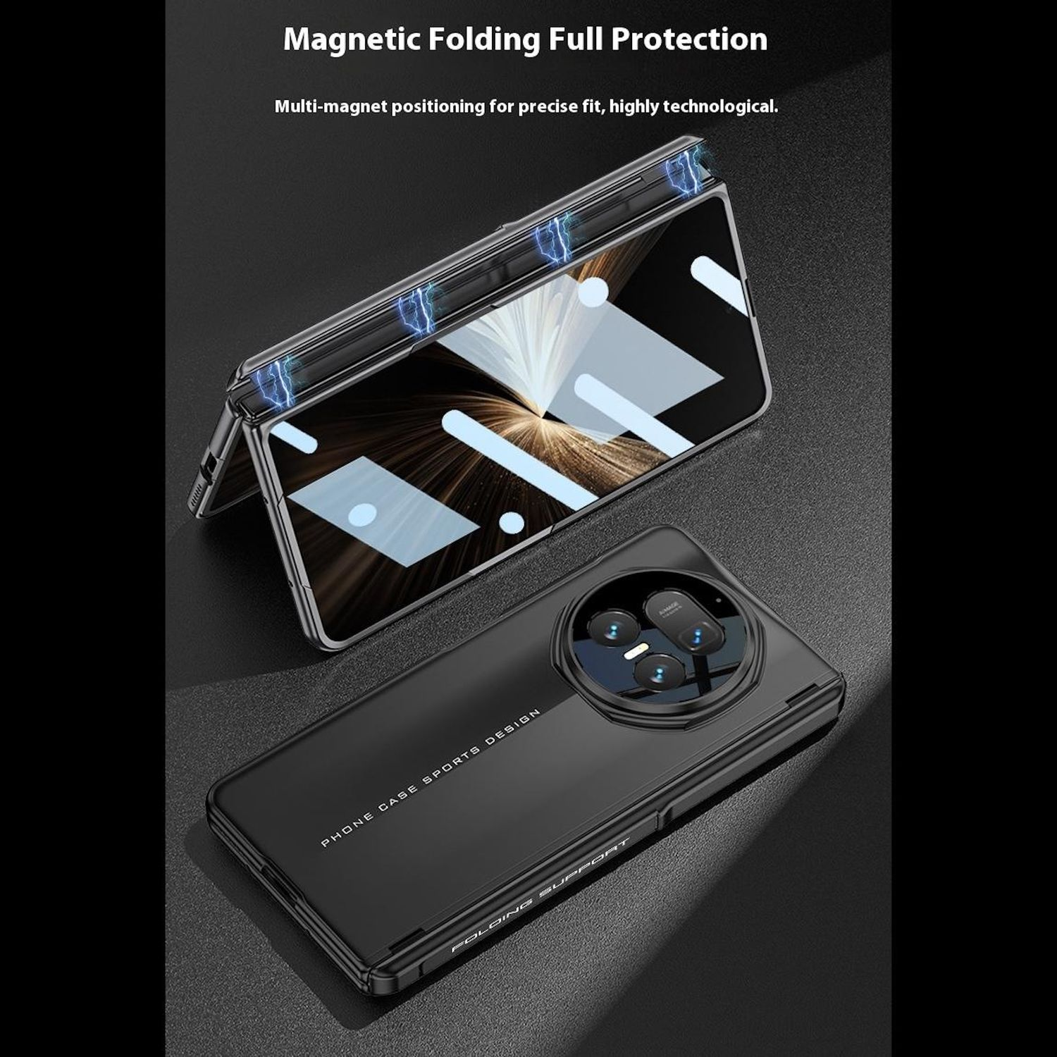 Gezeigte Handyhülle mit Magnetscharnieren. Die Hülle ist schwarz mit Kameramodul. Das Telefon ist geöffnet.