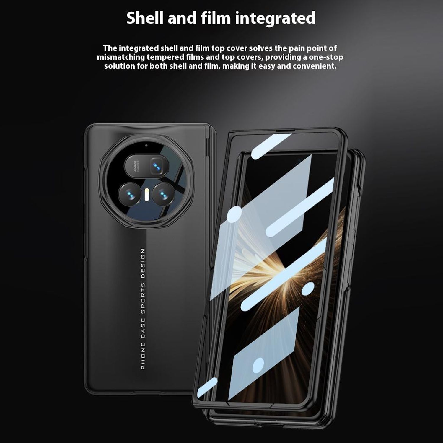 Schwarze Telefonhülle mit integriertem Displayschutz. Die Hülle ist geöffnet und zeigt den Bildschirm des Telefons. Text: 'Schale und Film integriert'.