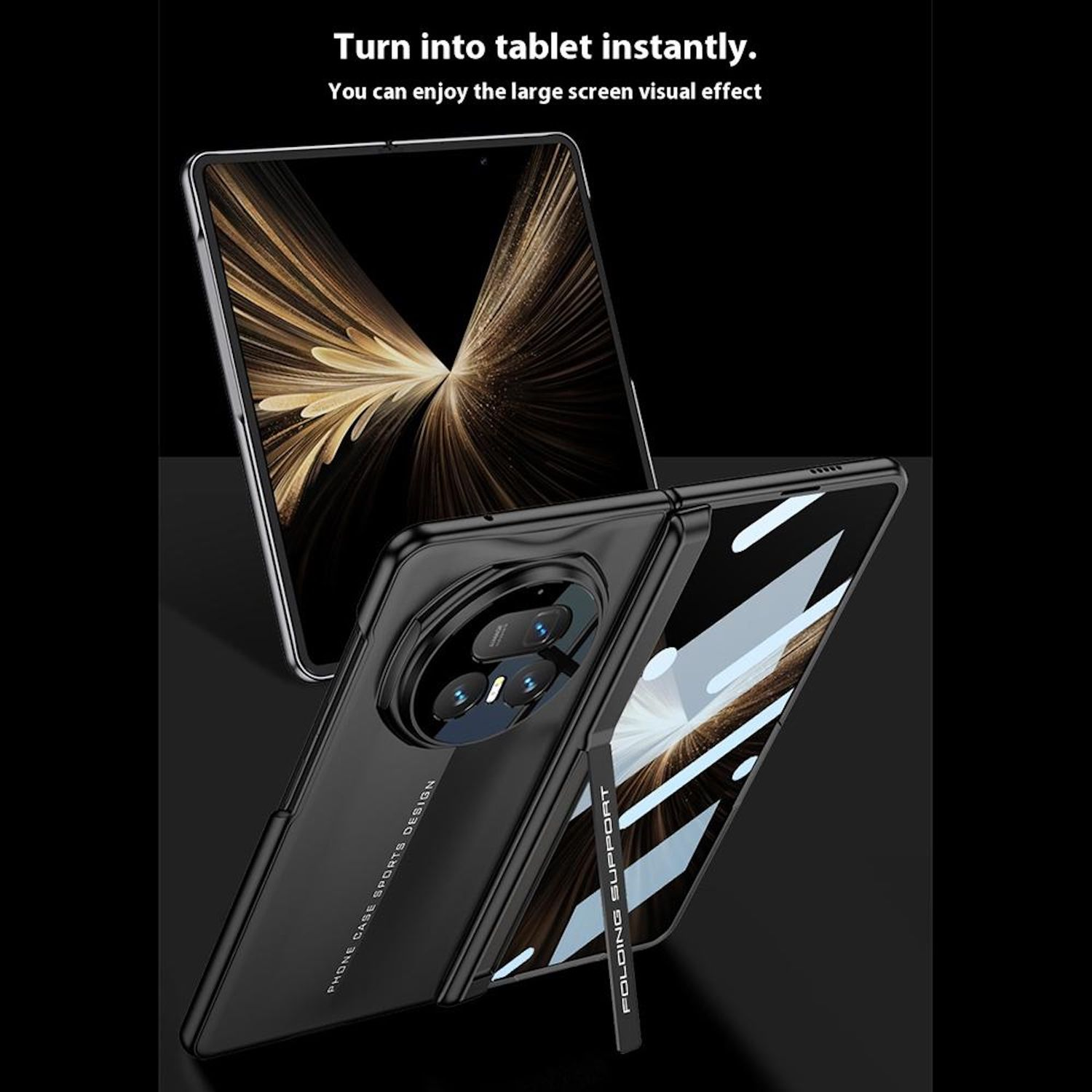 Ein schwarzes Handycase mit faltbarem Bildschirm wird gezeigt. Der Bildschirm zeigt ein abstraktes Design. Text: Sofort zum Tablet machen.