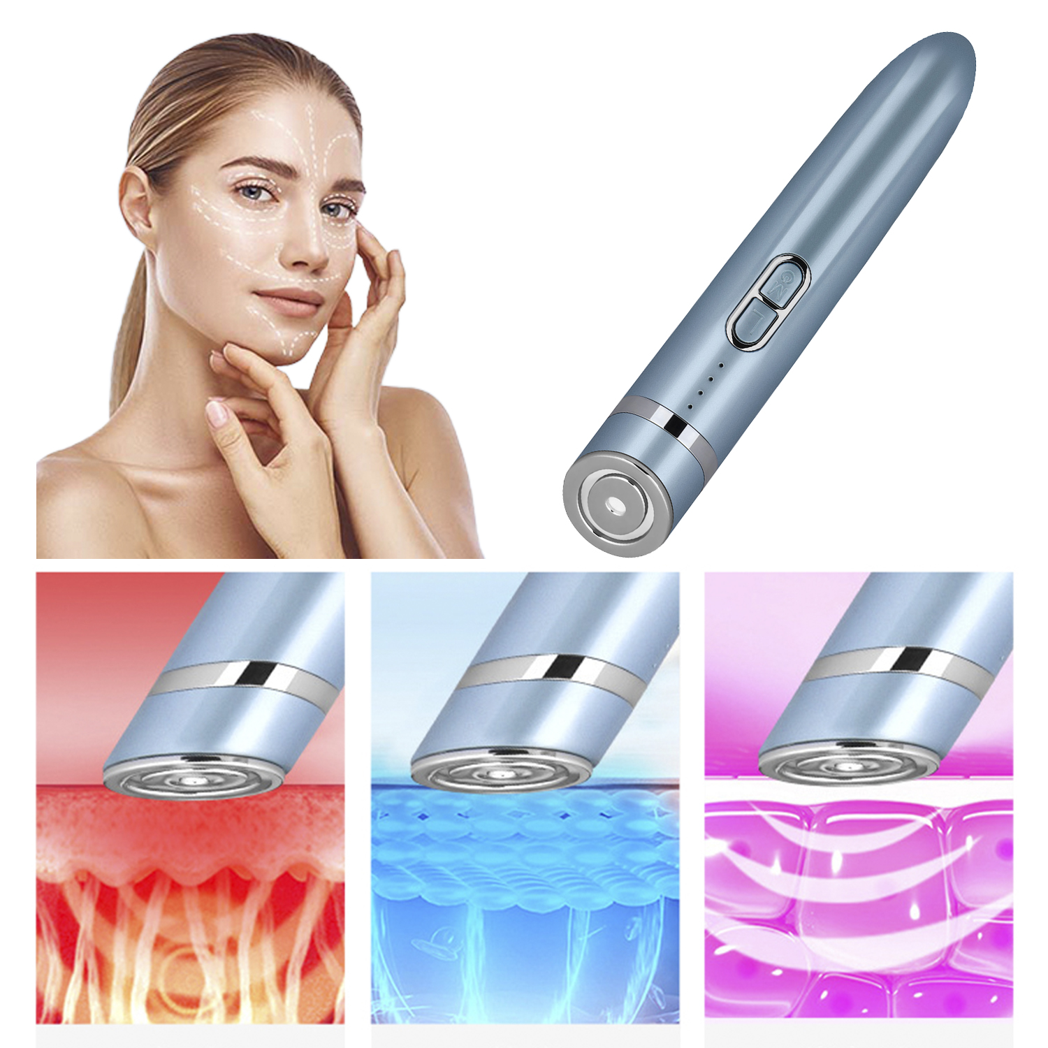 L'immagine mostra una donna con linee del viso e un dispositivo blu per la cura della pelle. Sono visualizzati anche diagrammi degli strati della pelle.