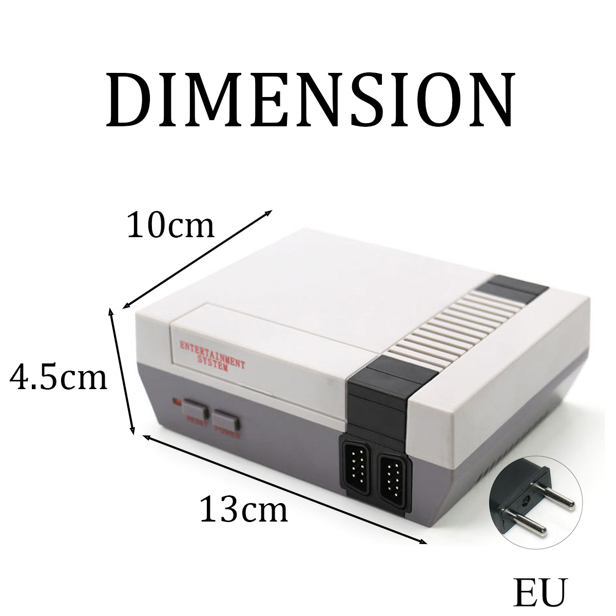 Eine Retro-Spielekonsole in Grau und Weiß, mit Maßangaben. Netzstecker EU. Text: DIMENSION, ENTERTAINMENT SYSTEM.