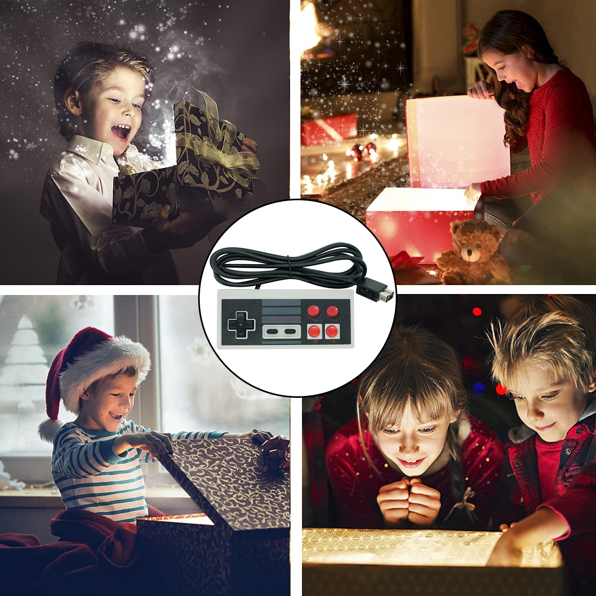 Kinder öffnen Geschenke, ein Gamecontroller ist in der Mitte. Weihnachtsmotto. Junge mit Weihnachtsmütze, Mädchen in Rot, Lichter.