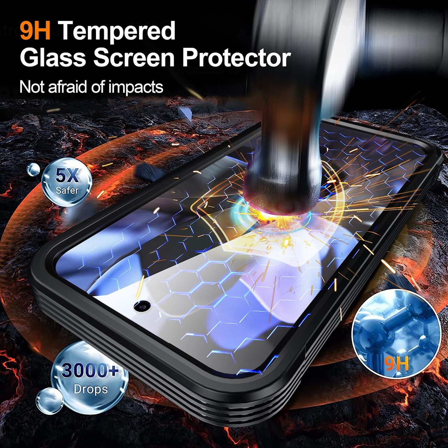 Ein Handy-Displayschutz wird von einem Hammer getroffen. Der Text lautet '9H Tempered Glass Screen Protector' und 'Not afraid of impacts'.