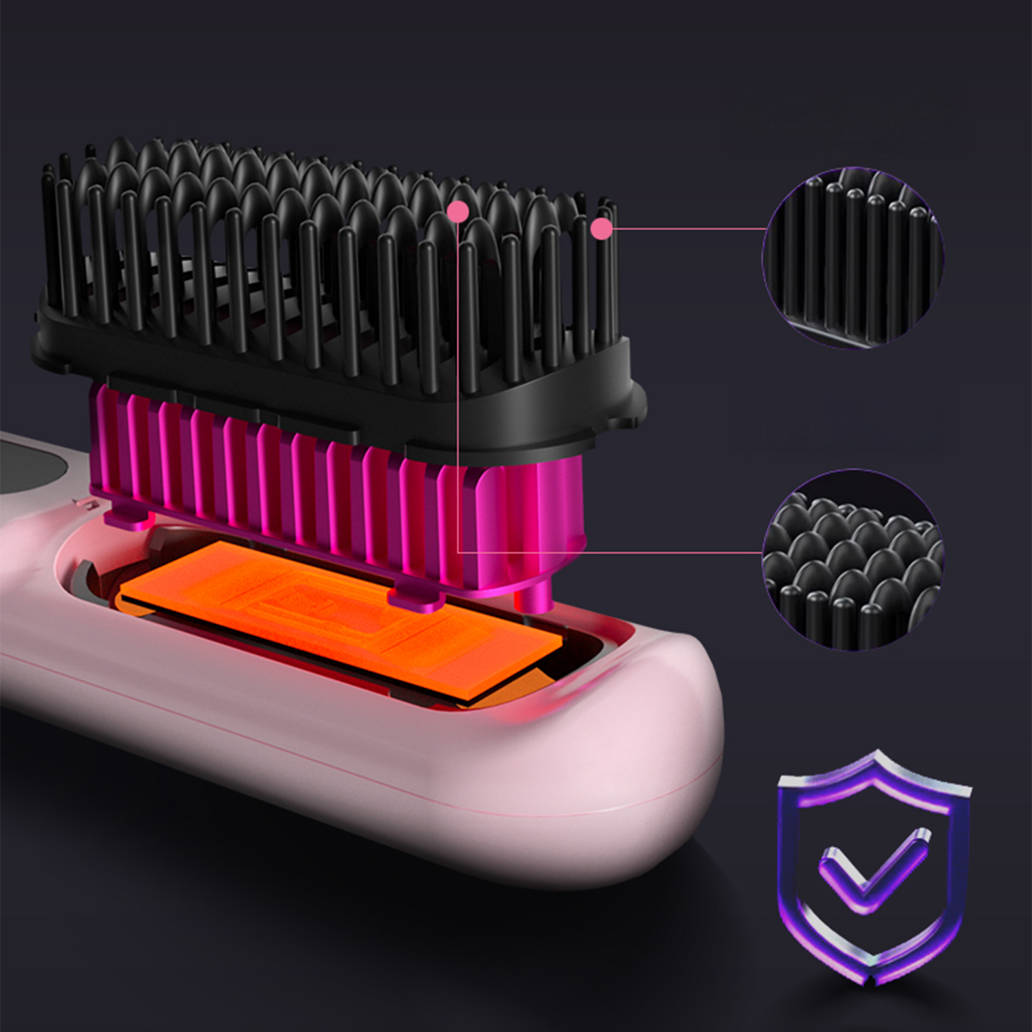 Piastra per capelli rosa con setole nere ed elemento riscaldante rosa. Due primi piani mostrano i dettagli delle setole. È presente un'icona a scudo.