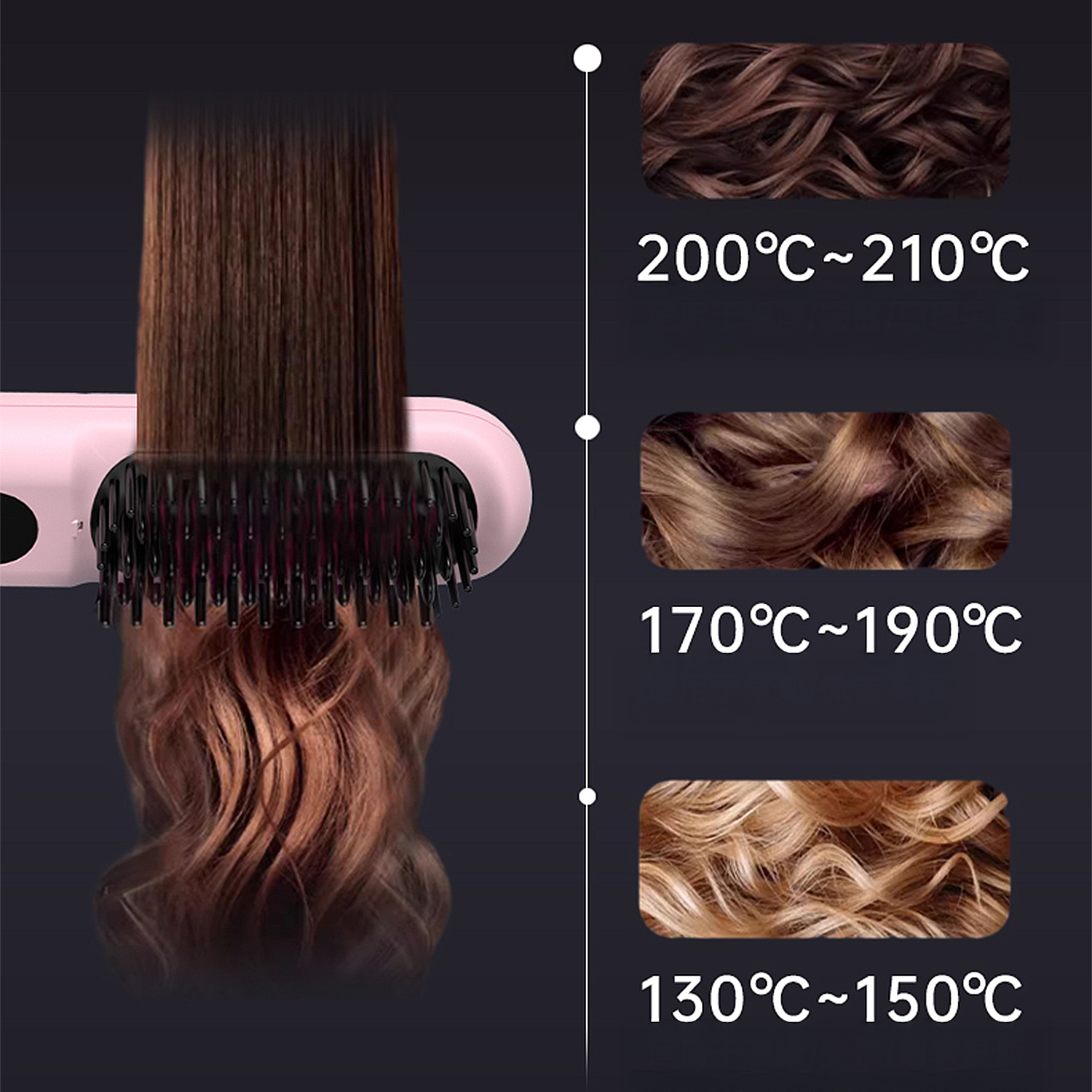 Una piastra rosa viene utilizzata su capelli castani. A destra sono mostrate tre impostazioni di temperatura con le acconciature corrispondenti.