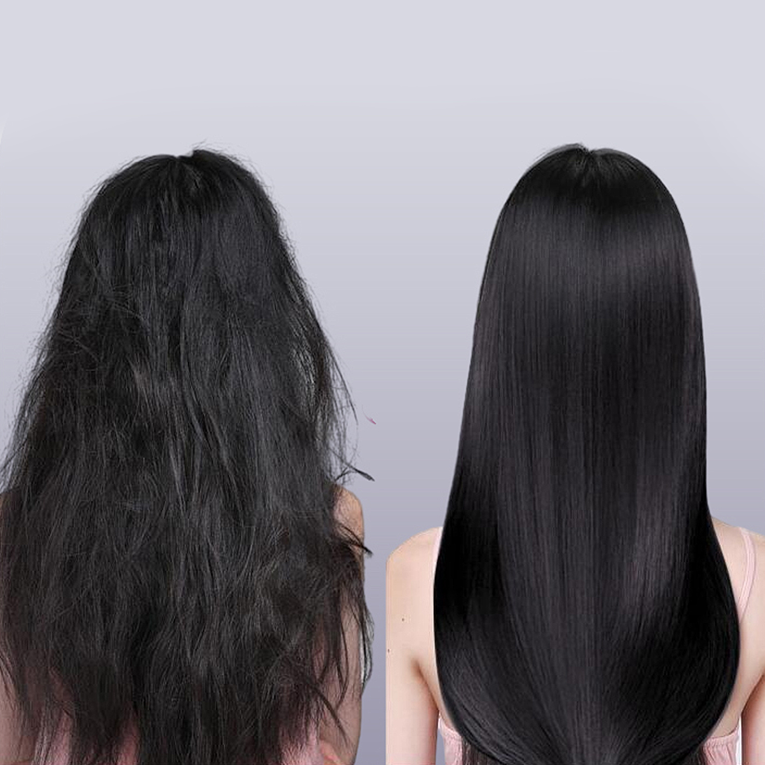 Confronto prima e dopo dei capelli. Lato sinistro: capelli neri crespi e aggrovigliati. Lato destro: capelli neri lisci e dritti.