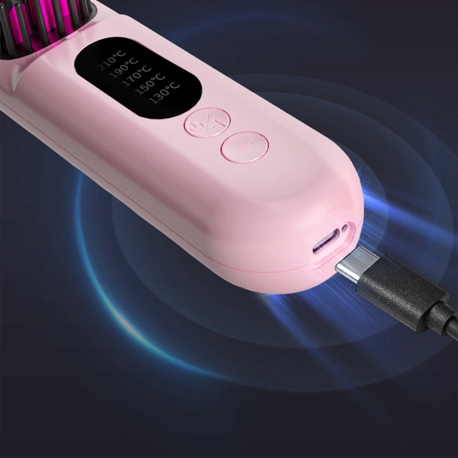 Una piastra rosa è collegata. Ha un display digitale che mostra le impostazioni della temperatura. Lo sfondo è blu scuro con effetti di luce.