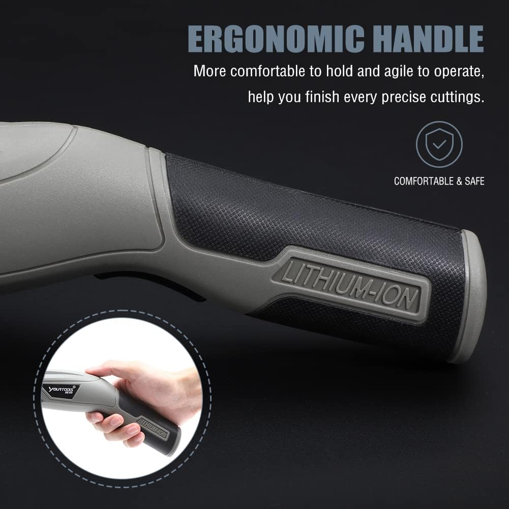 Nahaufnahme eines grauen und schwarzen ergonomischen Griffs mit dem Text 'LITHIUM-ION'. Eine Hand, die ein kleines Werkzeug hält, befindet sich in einem Kreis.