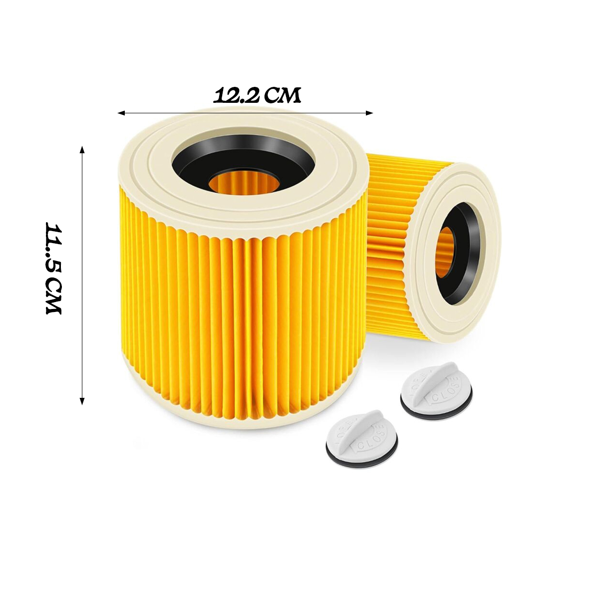 Zwei gelbe zylindrische Filter mit weißen Rändern und schwarzen Zentren. Zwei kleine weiße Kappen darunter. Abmessungen sind markiert.