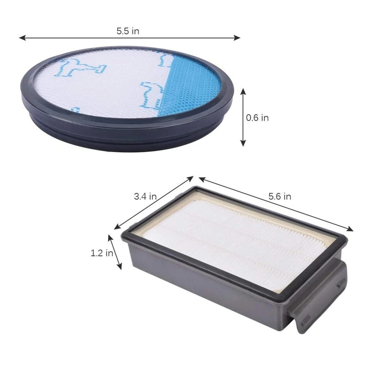 Zwei Staubsaugerfilter. Einer ist rund mit blauen und weißen Abschnitten. Der andere ist rechteckig, grau mit weißem Filterpapier.