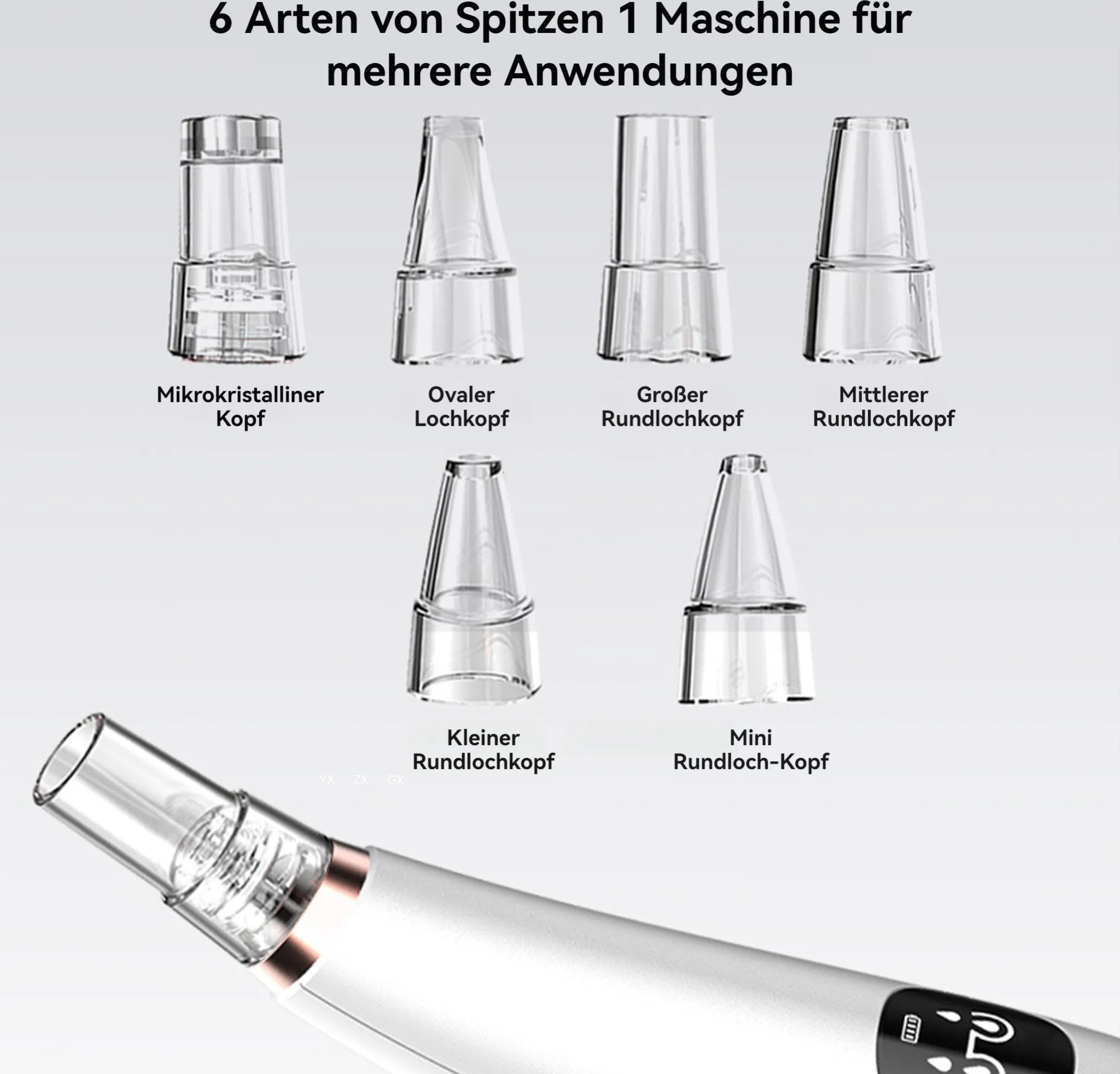 Das Bild zeigt 6 verschiedene Maschinenspitzen für verschiedene Anwendungen. Auch der untere Teil der Maschine ist sichtbar.