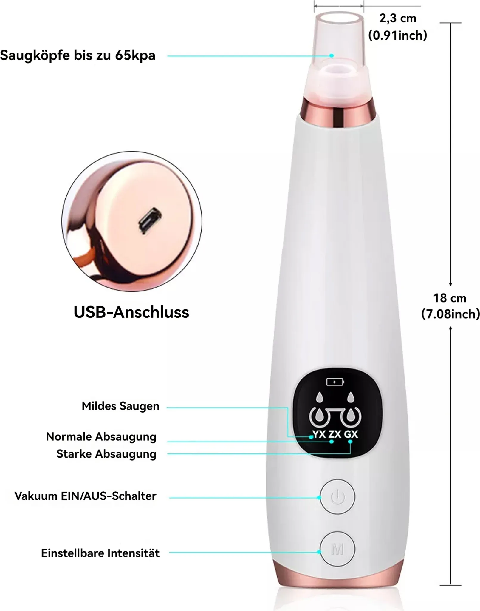 Weißes Porenreinigungsgerät mit roségoldenen Akzenten und beschrifteten Knöpfen, mit Messungen und deutschem Text.