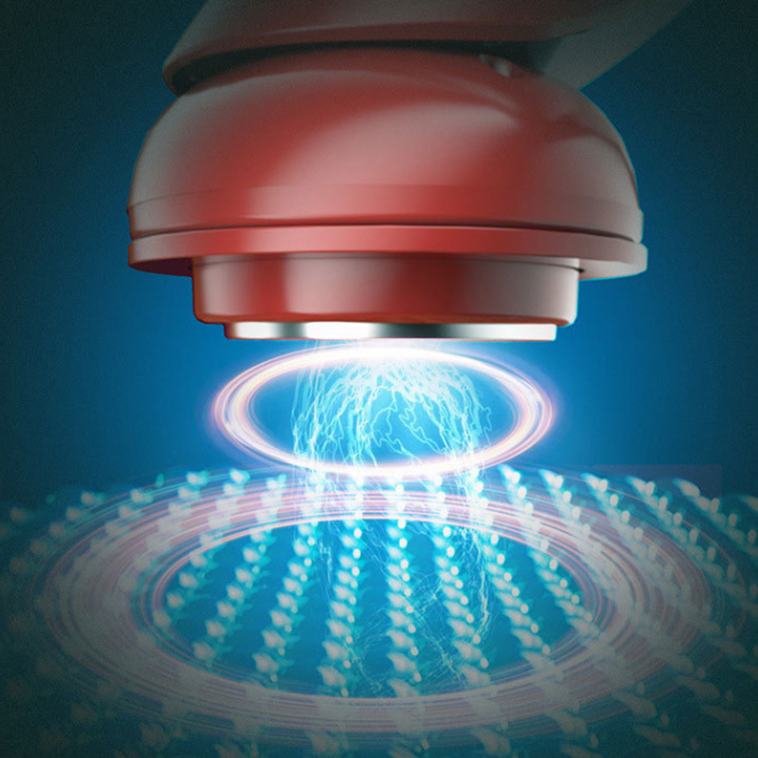 Un dispositivo rojo emite energía azul, rodeado de anillos brillantes y un patrón de rejilla sobre fondo azul.