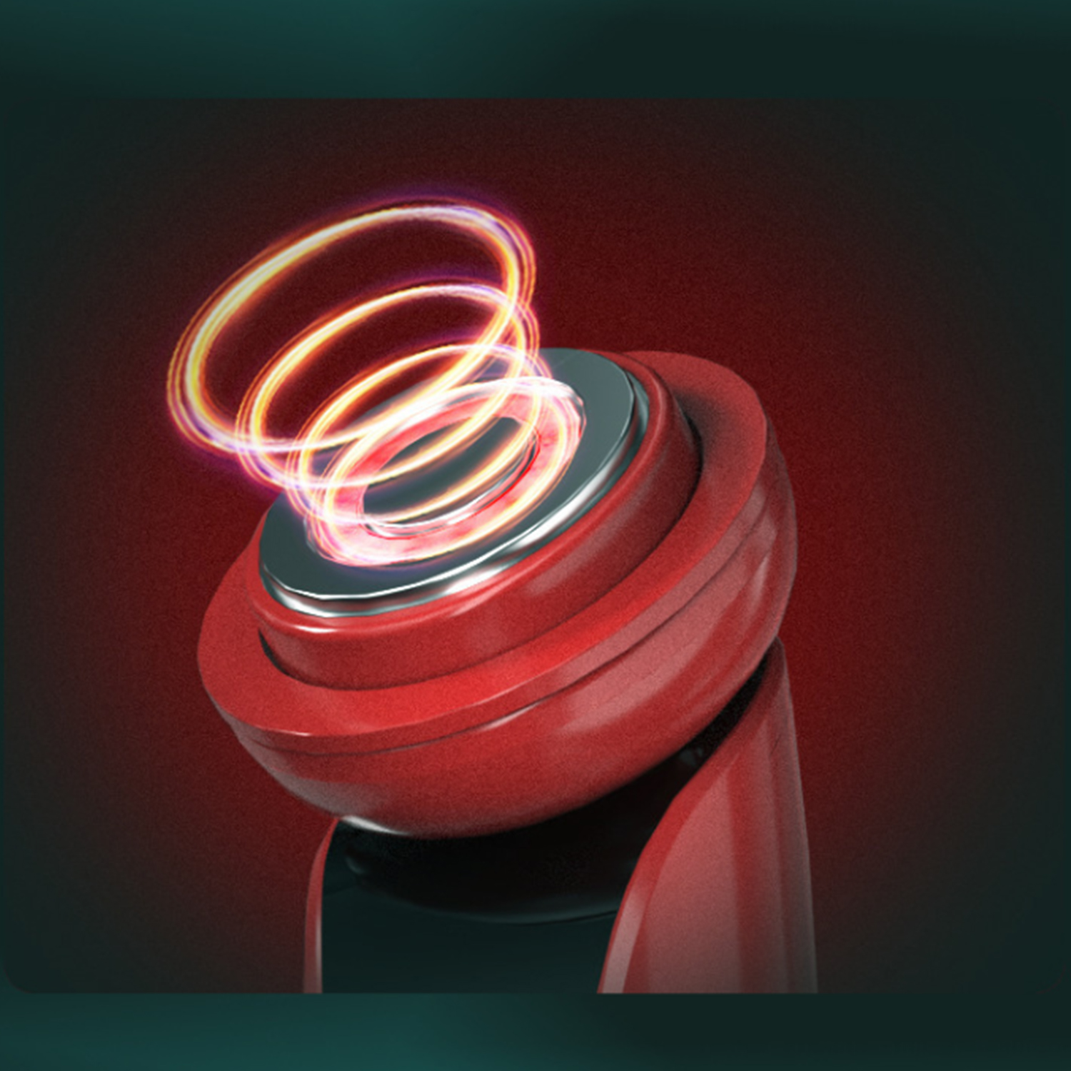 Un dispositivo rojo con una parte superior plateada, emitiendo anillos brillantes. Fondo oscuro con gradiente rojo.