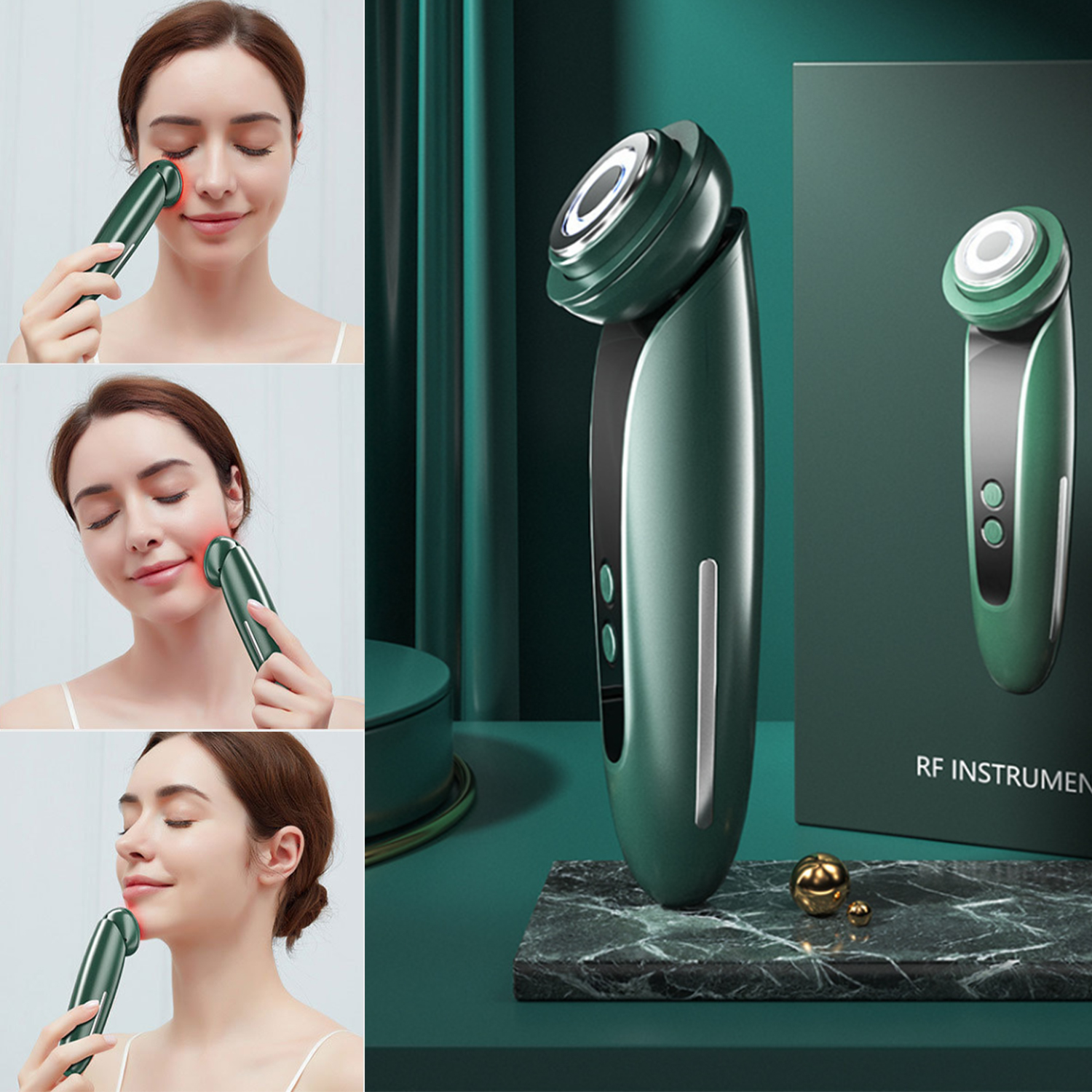 Una mujer usando un dispositivo facial verde. Tres imágenes muestran el dispositivo en uso. También se muestra una imagen del producto.