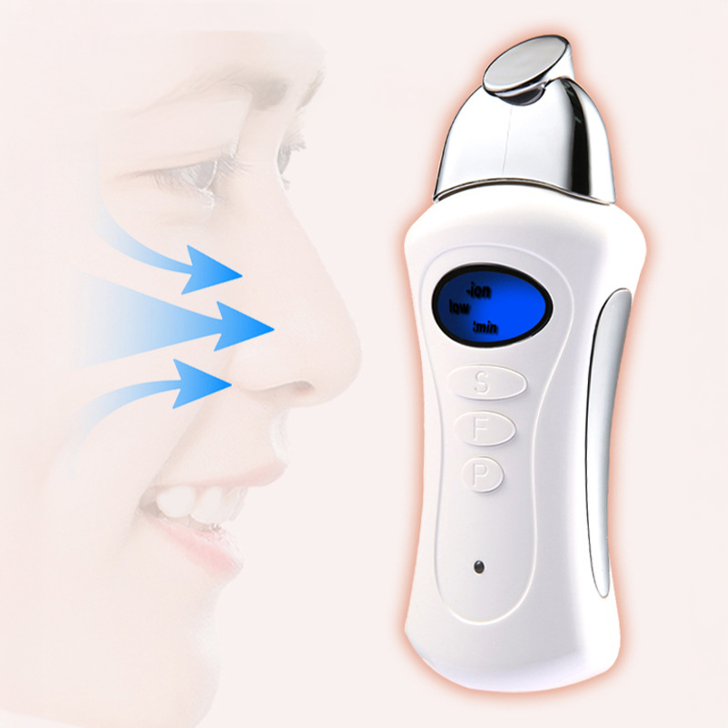 Volto di donna con frecce blu che puntano al naso, accanto a un dispositivo di bellezza bianco con schermo blu e pulsanti.