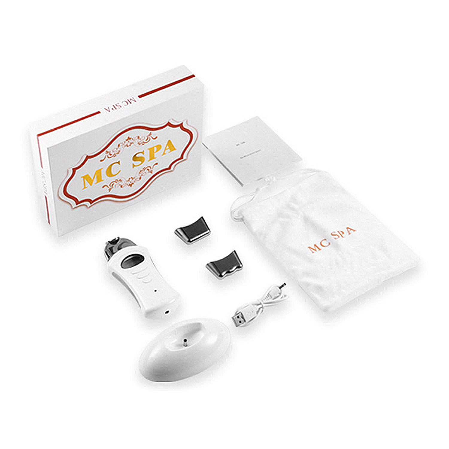 Una scatola bianca e accessori con l'etichetta MC SPA. Include un dispositivo bianco, base di ricarica, pezzi di metallo nero, una borsa e un cavo USB.