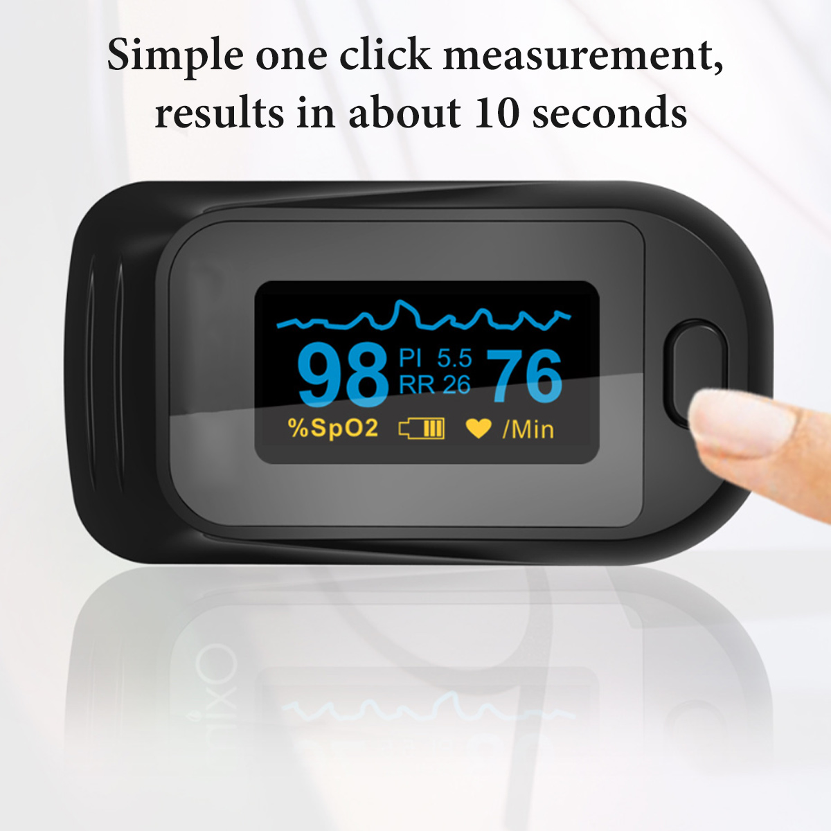 Ein schwarzes Oximeter zeigt Messwerte an: 98% SpO2, 76/min, mit einem Finger, der es berührt. Text oben: 'Einfache Ein-Klick-Messung'.