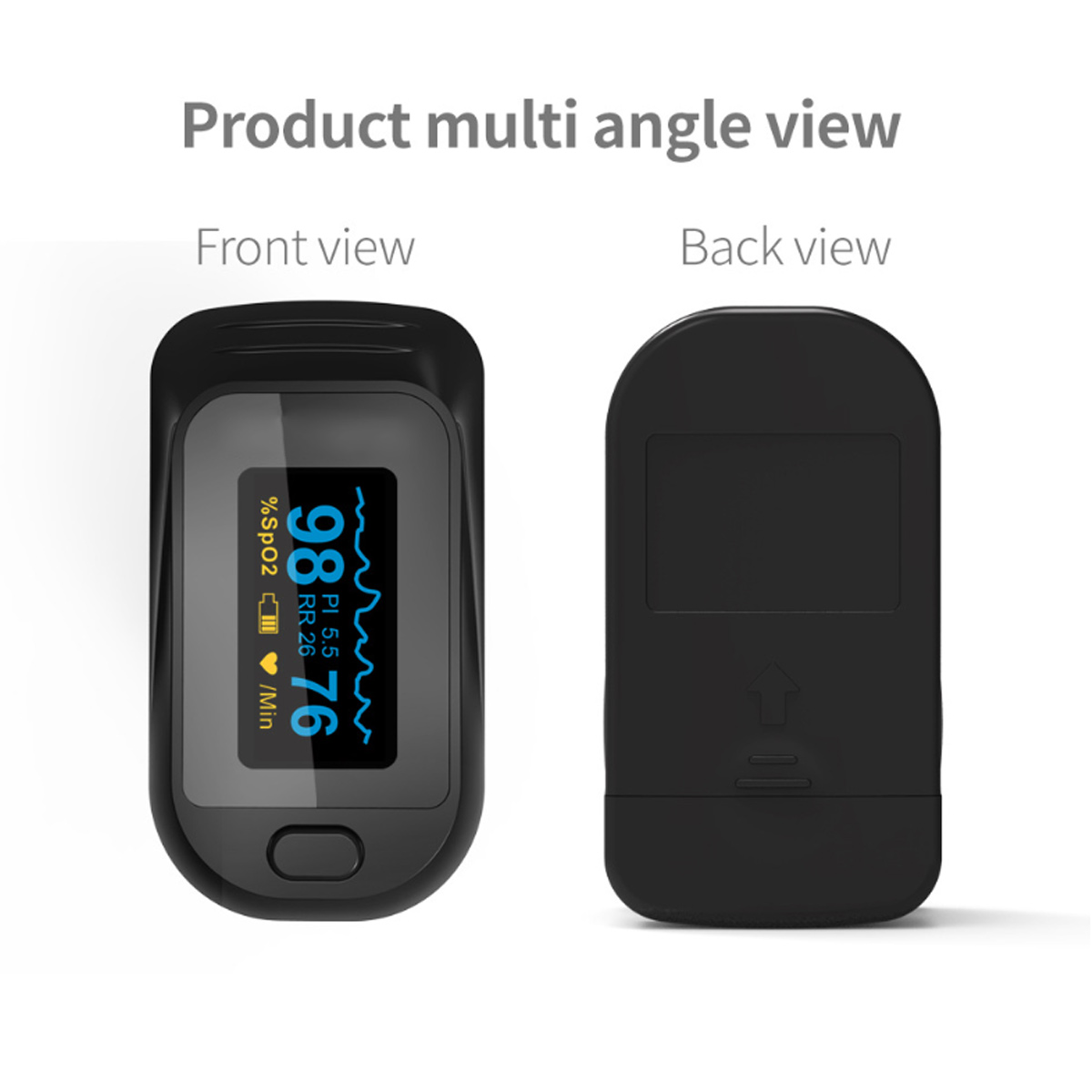 Ein schwarzes Oximeter zeigt Vorder- und Rückansicht. Die Vorderseite zeigt SpO2- und Pulswerte. Die Rückseite zeigt ein Batteriefach.
