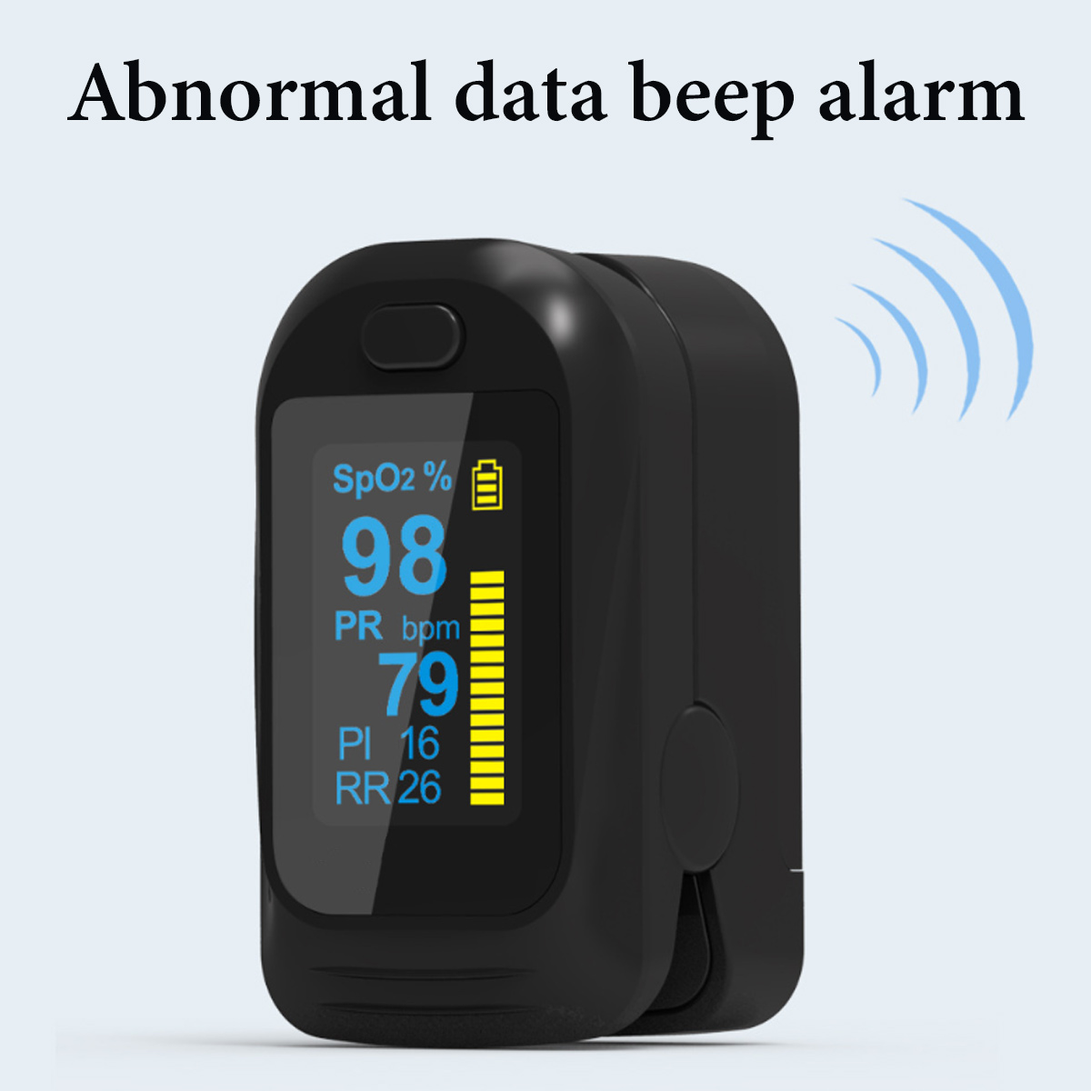 Ein schwarzes Pulsoximeter zeigt SpO2 98, PR 79 an. Der Text darüber lautet 'Abnormaler Daten-Piepton-Alarm'.