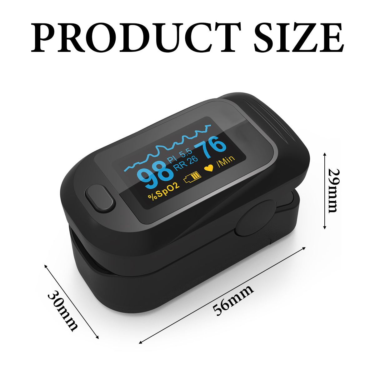 Schwarzes Pulsoximeter mit Messwerten. Das Display zeigt 98 % SpO2 und 76 /min. Produktgrößeninformationen sind ebenfalls vorhanden.
