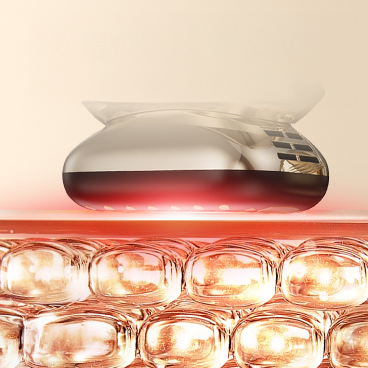 Primer plano de un dispositivo para el cuidado de la piel con una sección roja y una parte superior transparente, sobre una cuadrícula de esferas brillantes.