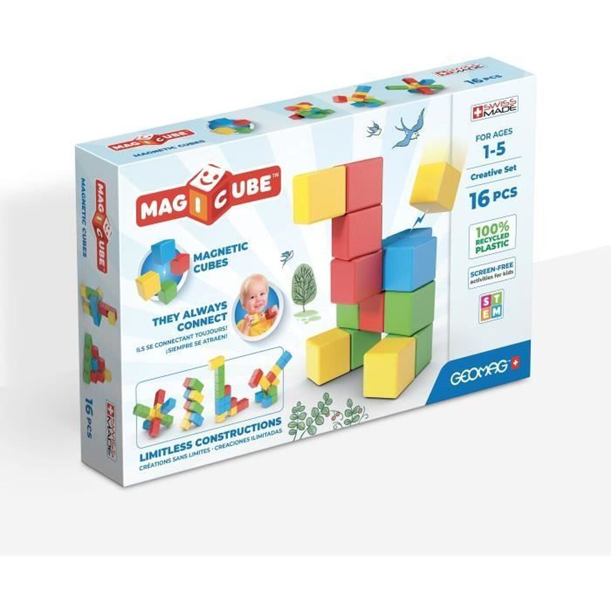 Scatola di cubi magnetici Magcube per bambini da 1 a 5 anni. Mostra blocchi colorati e un bambino. La scatola dice: 'They always connect'.