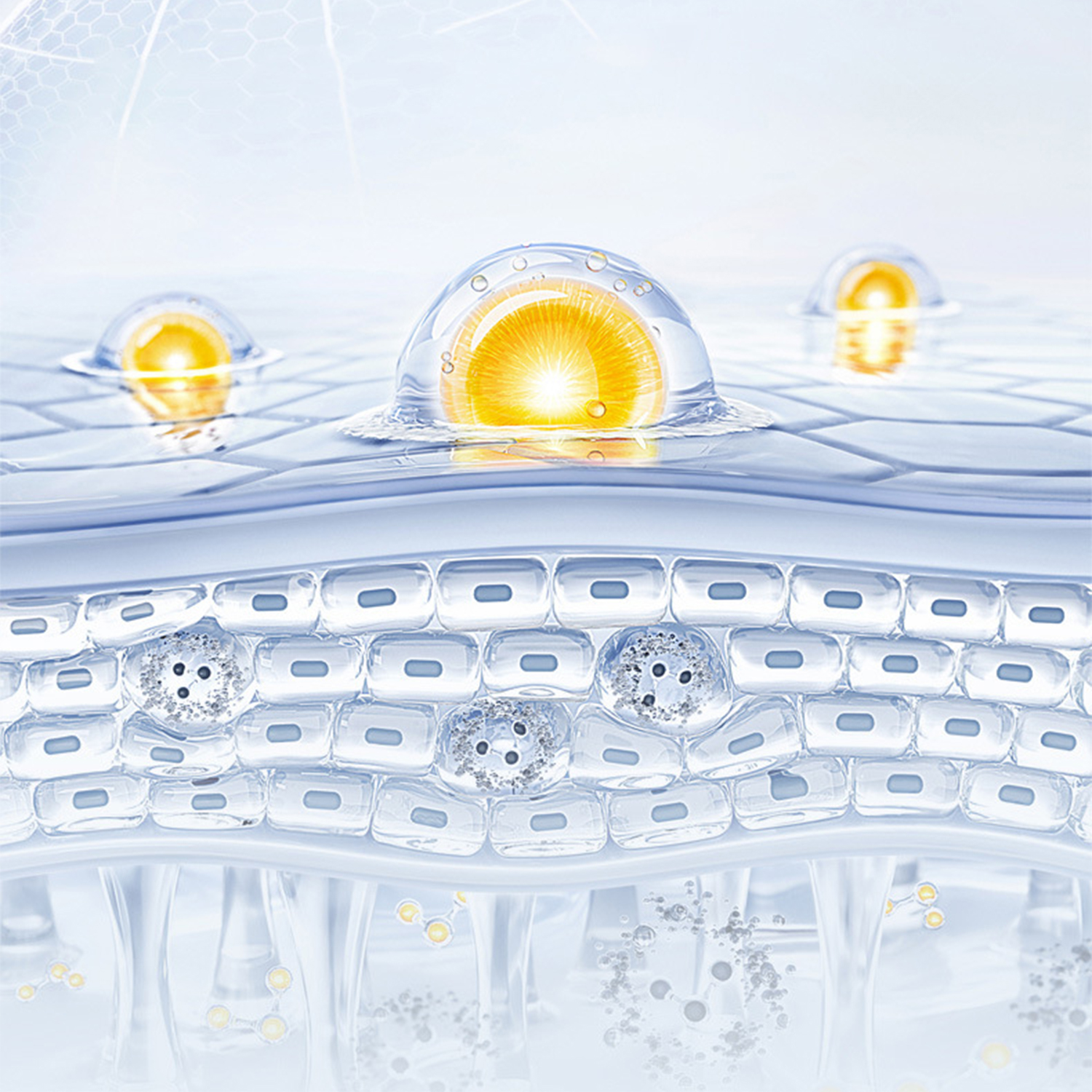 L'immagine mostra una sezione trasversale della pelle con goccioline d'acqua e strutture cellulari. Scoppi di energia gialla emanano dalle goccioline.