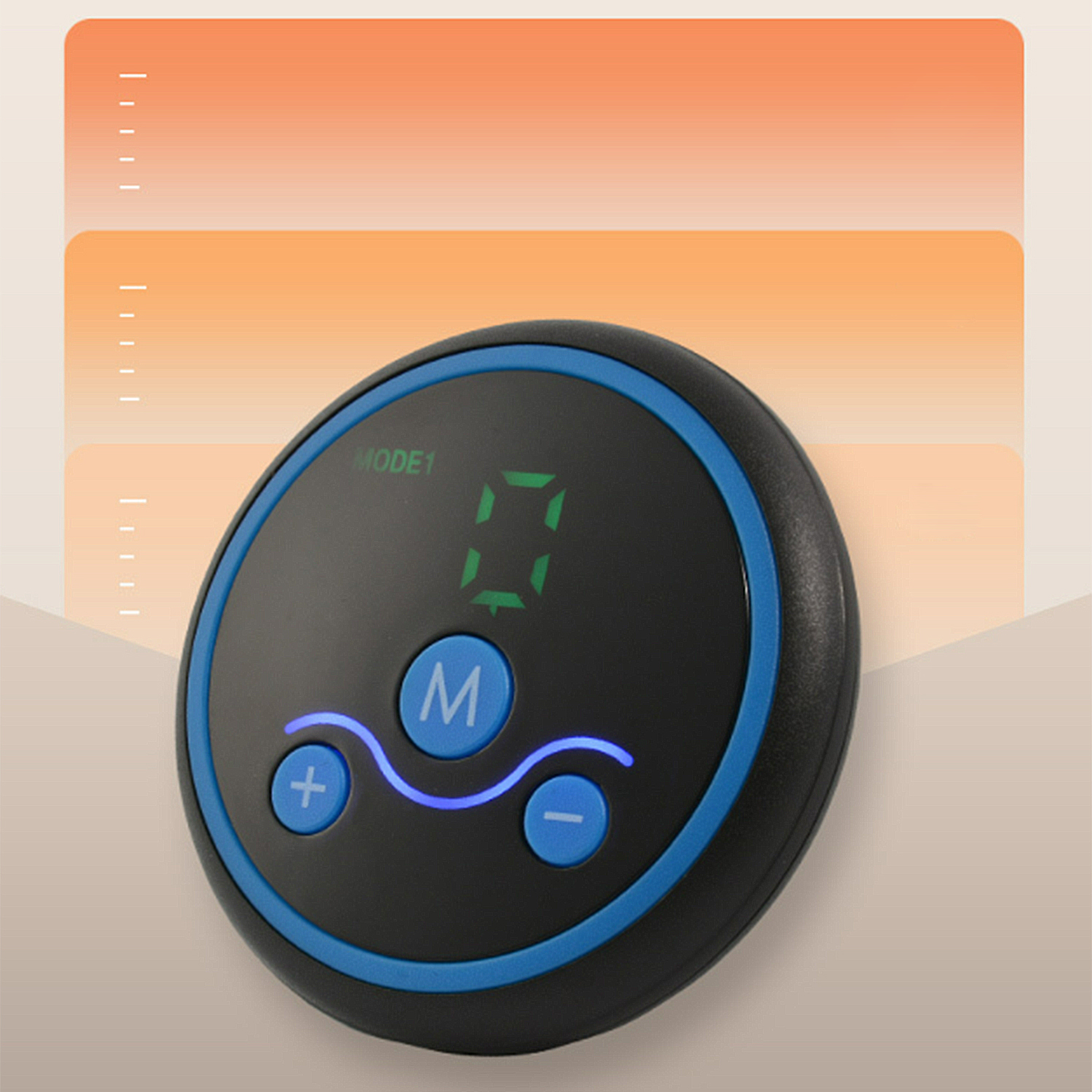Un dispositivo redondo negro y azul con botones y una pantalla digital que muestra '0'. El fondo tiene colores degradados.