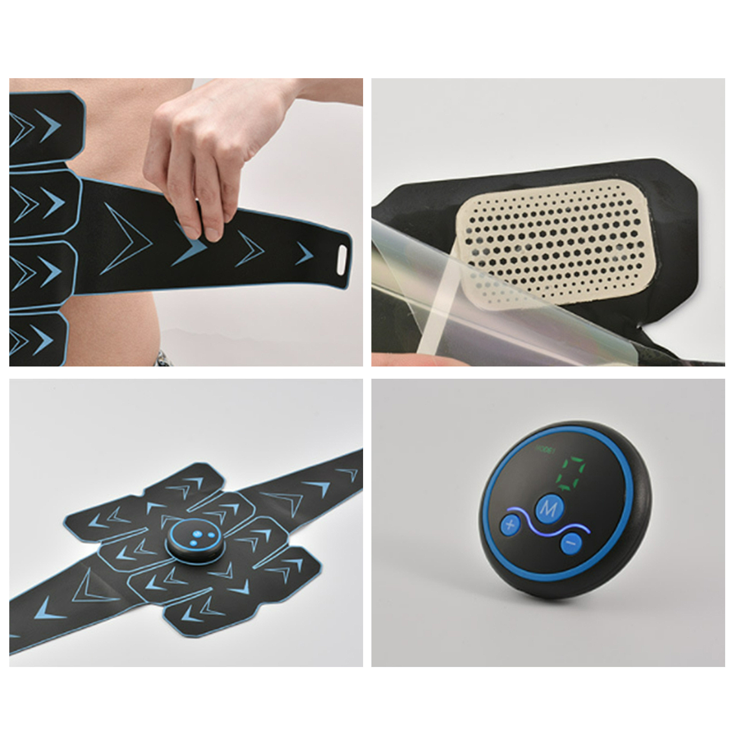 La imagen muestra un dispositivo de estimulación muscular. Tiene una almohadilla negra con detalles azules y una unidad de control con botones y una pantalla digital.