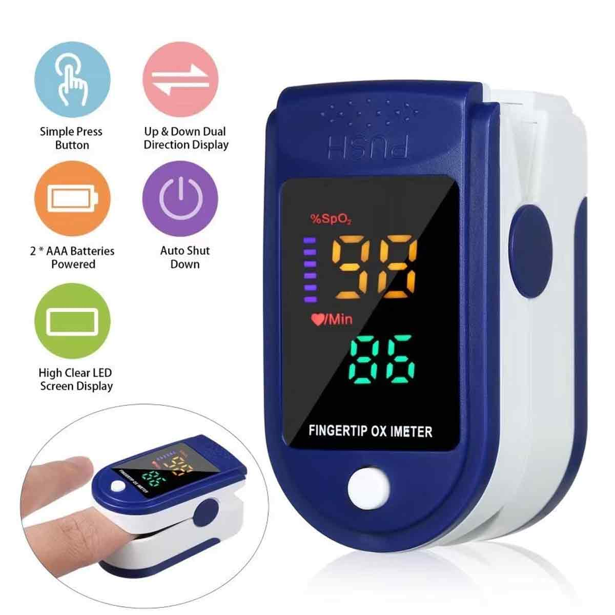 Ein Pulsoximeter für die Fingerspitze. Das Gerät zeigt SpO2- und Pulswerte an. Zusätzliche Symbole beschreiben Funktionen wie Abschaltautomatik und Batterie.