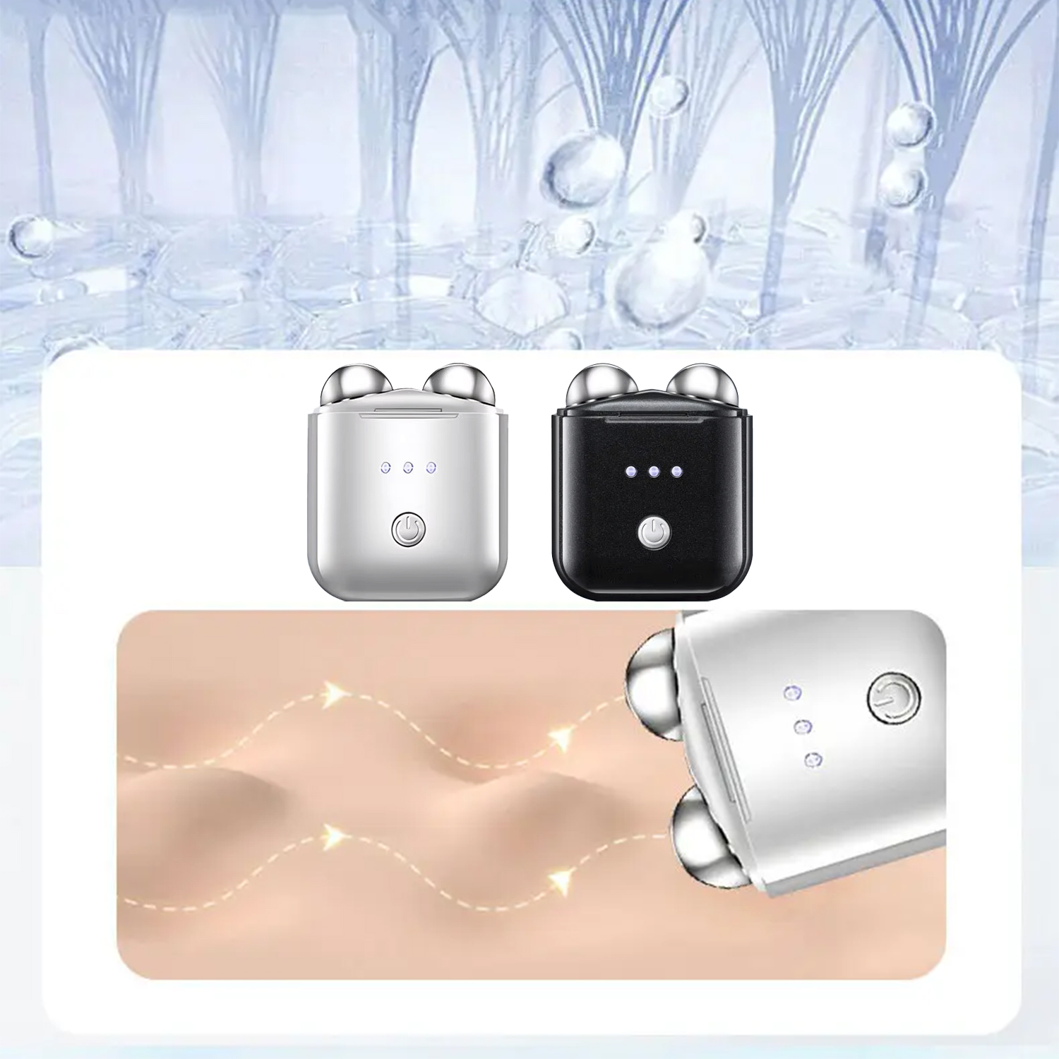 Dos masajeadores faciales, uno plateado, uno negro, con gotas de agua y textura de piel en el fondo, promocionando productos para el cuidado de la piel.