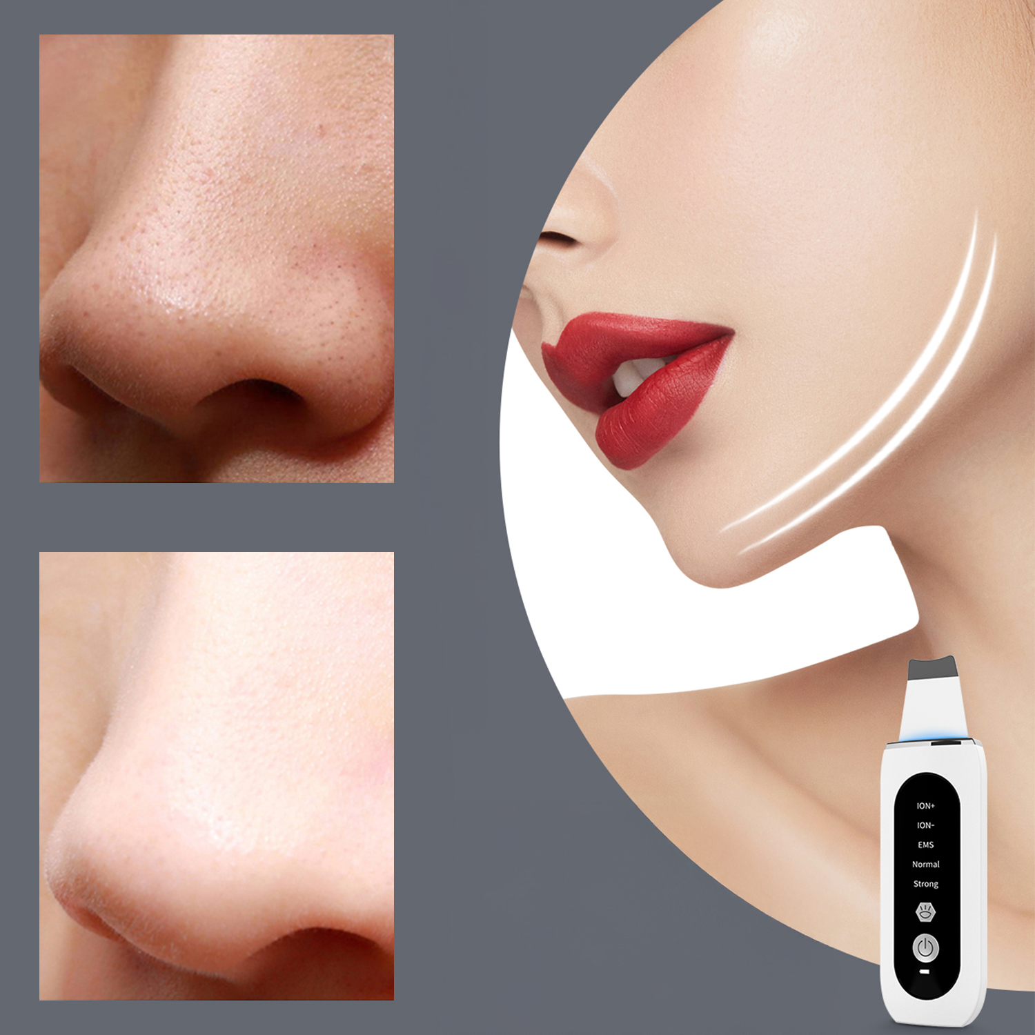L'immagine mostra il volto di una donna con rossetto rosso, dettagli della pelle di un naso e un dispositivo bianco per la cura della pelle.