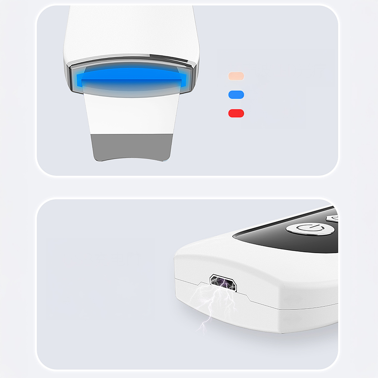 L'immagine mostra un dispositivo di bellezza bianco. Ha una luce blu, spie luminose e una porta di ricarica con un fulmine.