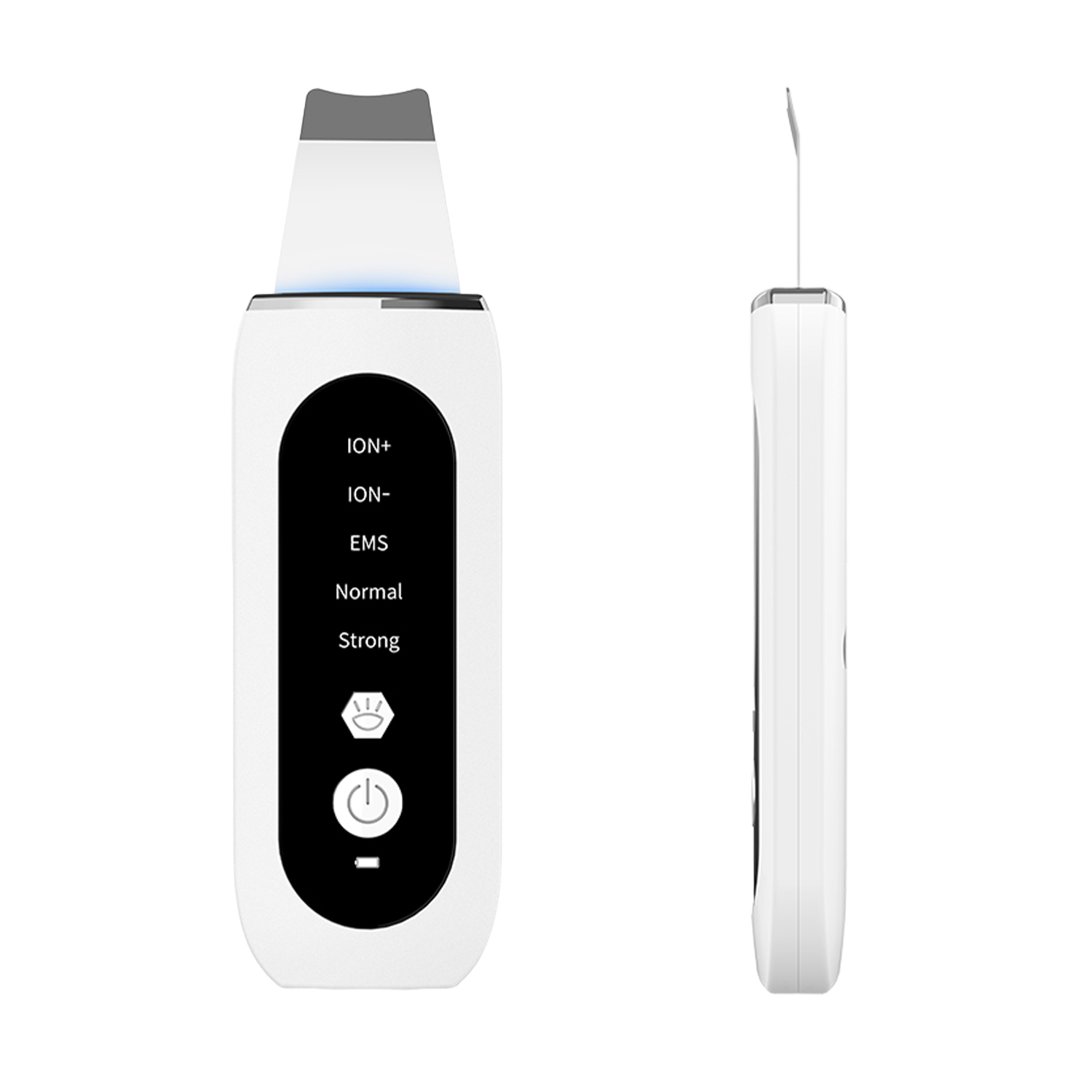 Un pulitore per la pelle a ultrasuoni bianco con una testa grigia a forma di spatola. Ha pulsanti per ION+, ION-, EMS, Normal e Strong.