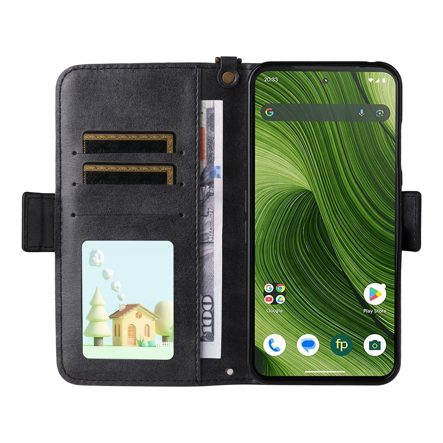 Schwarzes Brieftaschenetui mit Telefon. Telefon zeigt grünen abstrakten Hintergrund. Karten und Geld im Inneren. Szene mit einem Haus links.