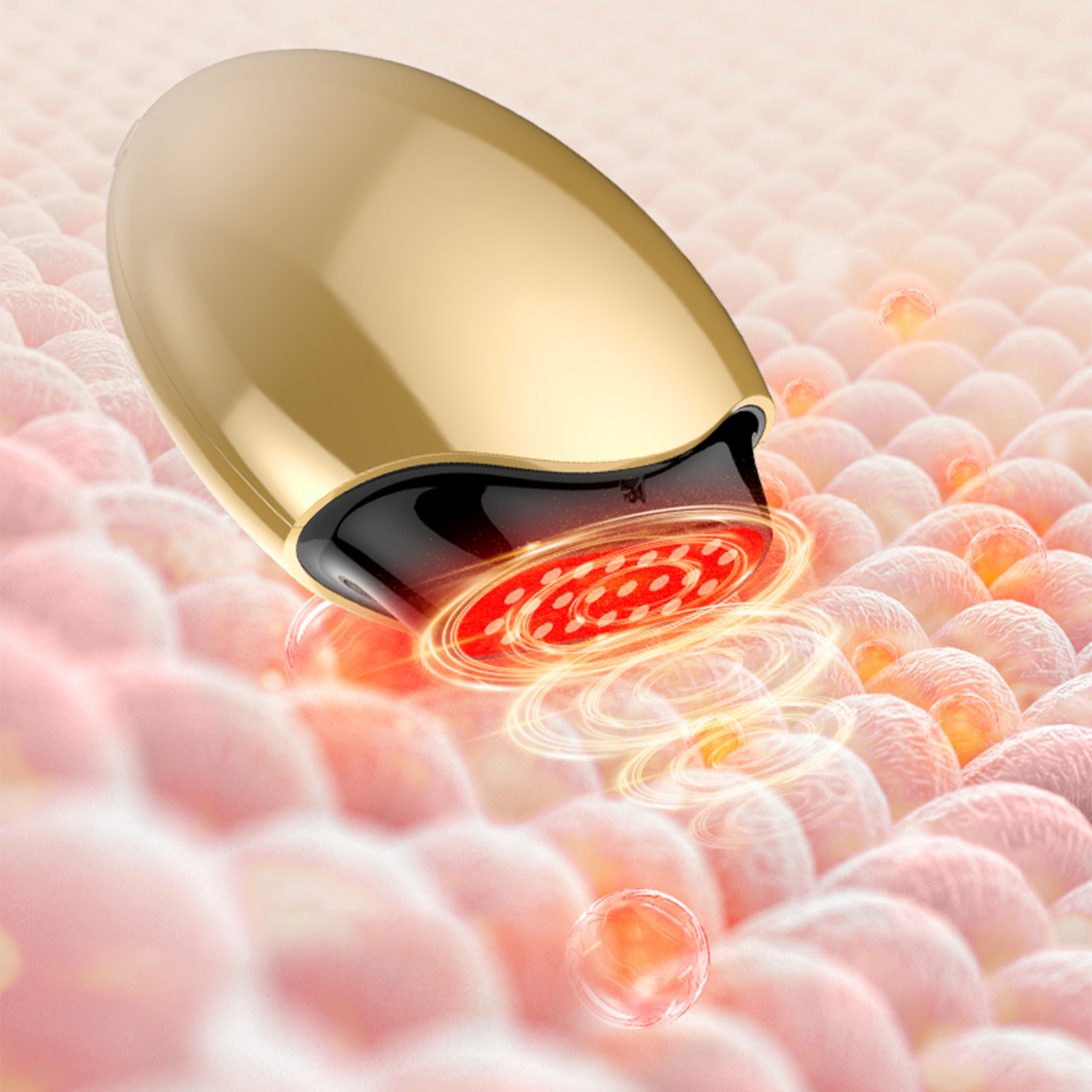 Un dispositivo facial dorado emite luz roja sobre un fondo de células de la piel. Esferas y rastros de luz emanan del dispositivo.