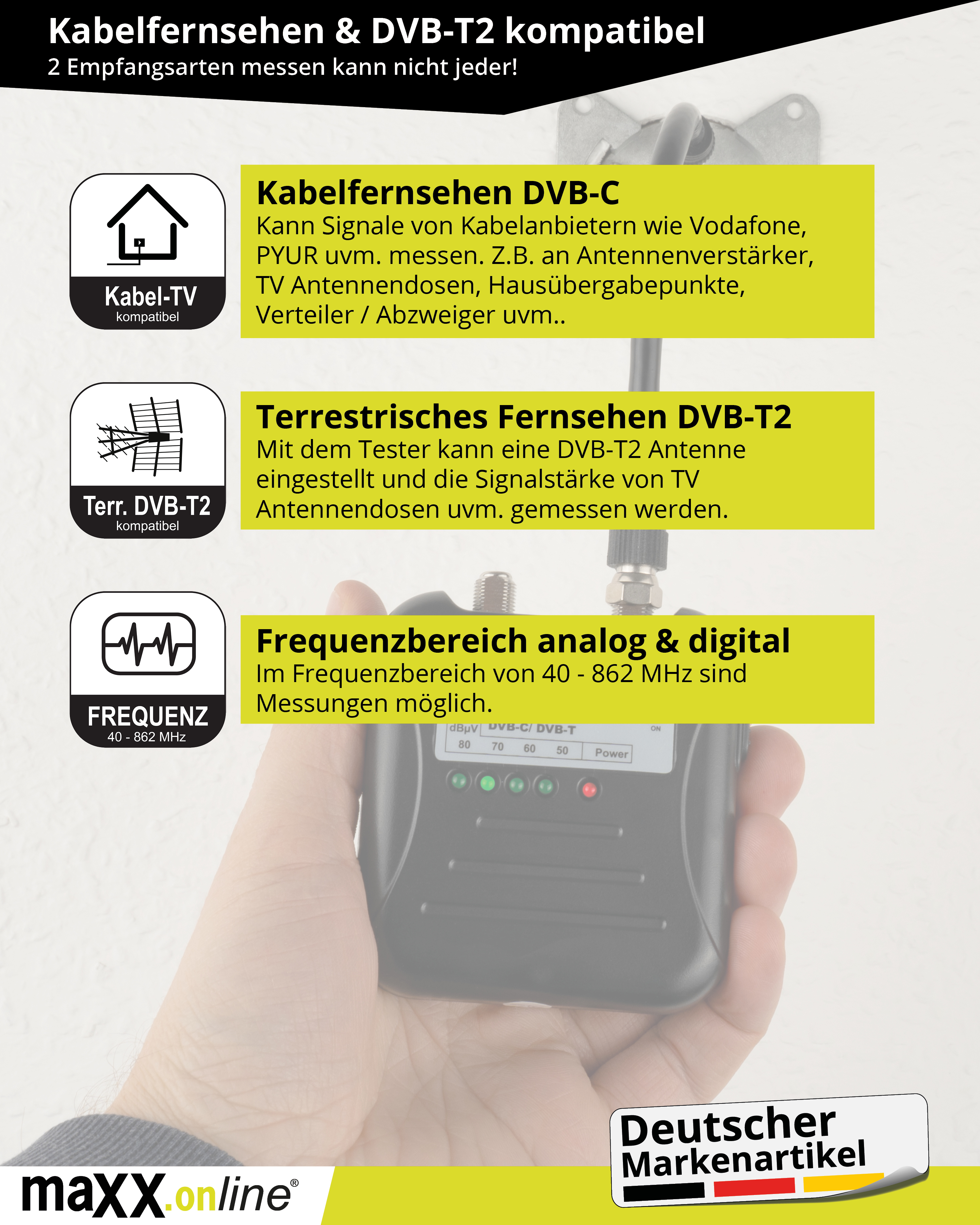 Das Bild zeigt einen TV-Signal-Tester mit Text zu Kabel- und terrestrischem Fernsehen, Frequenzbereich und deutscher Marke.