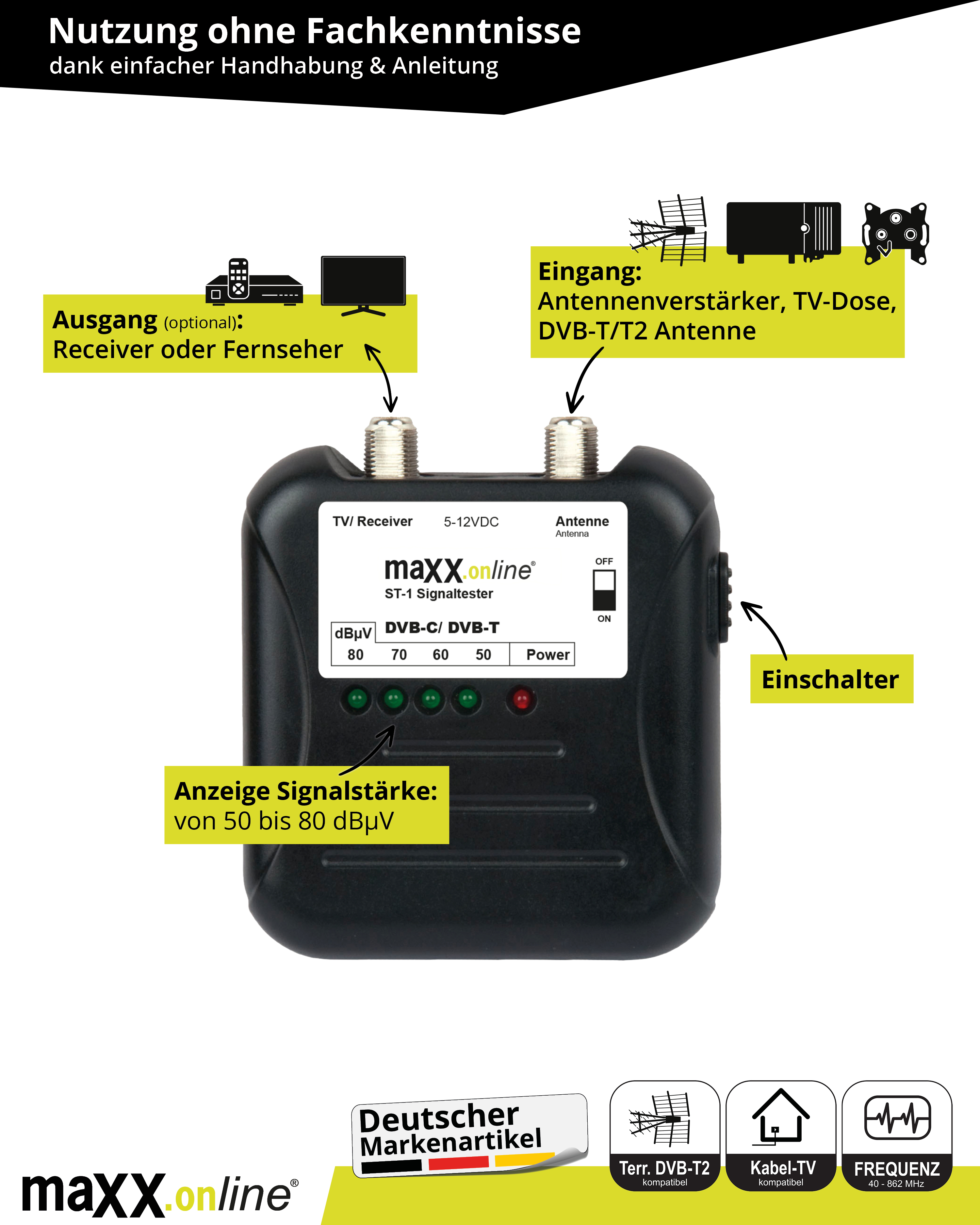 Ein schwarzer Signaltester mit Ein- und Ausgängen, Strom- und Signalstärkeanzeigen. Text auf Deutsch.