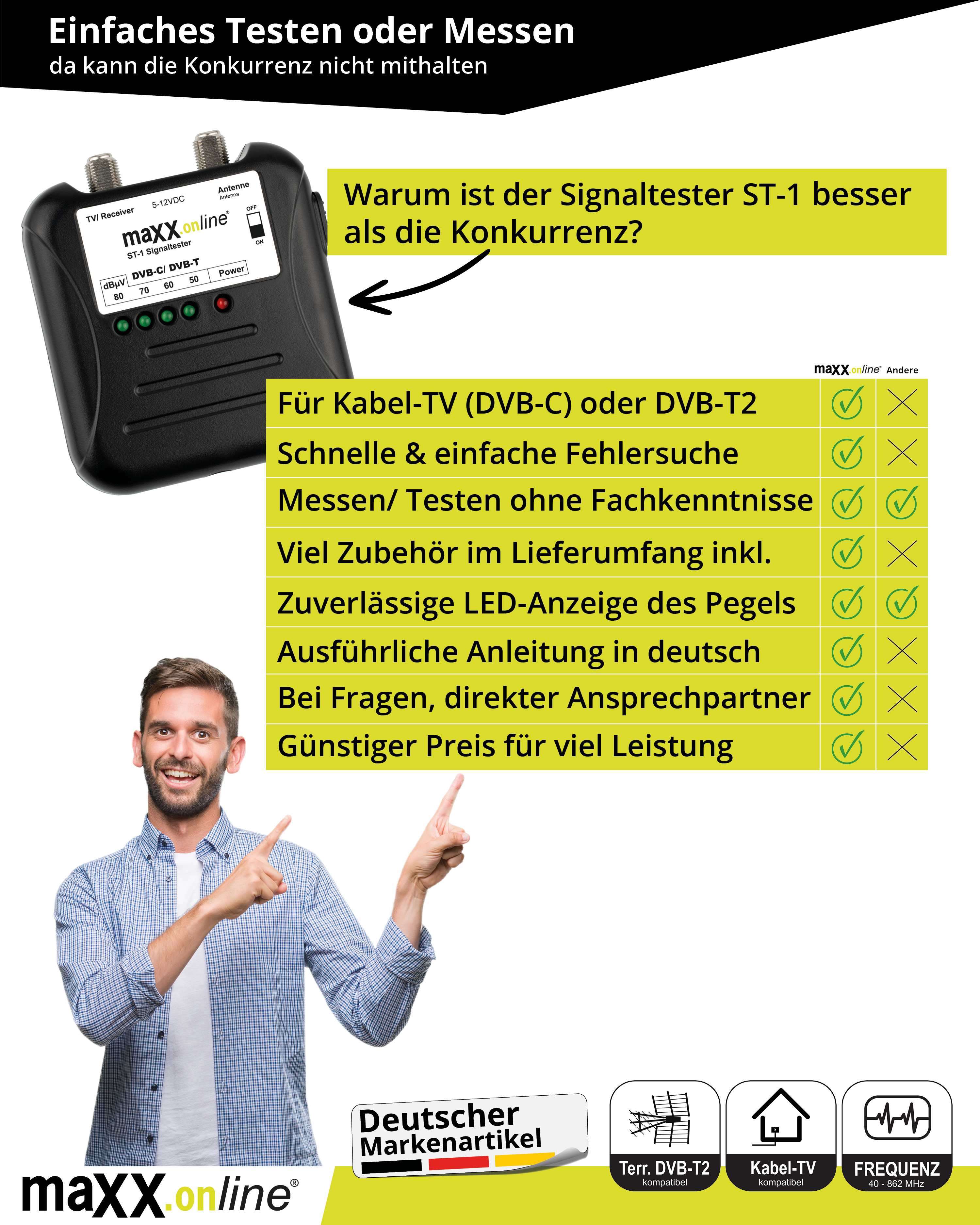 Ein Mann zeigt auf einen Produkttester. Text erklärt die Produktvorteile. Das Produkt ist schwarz.