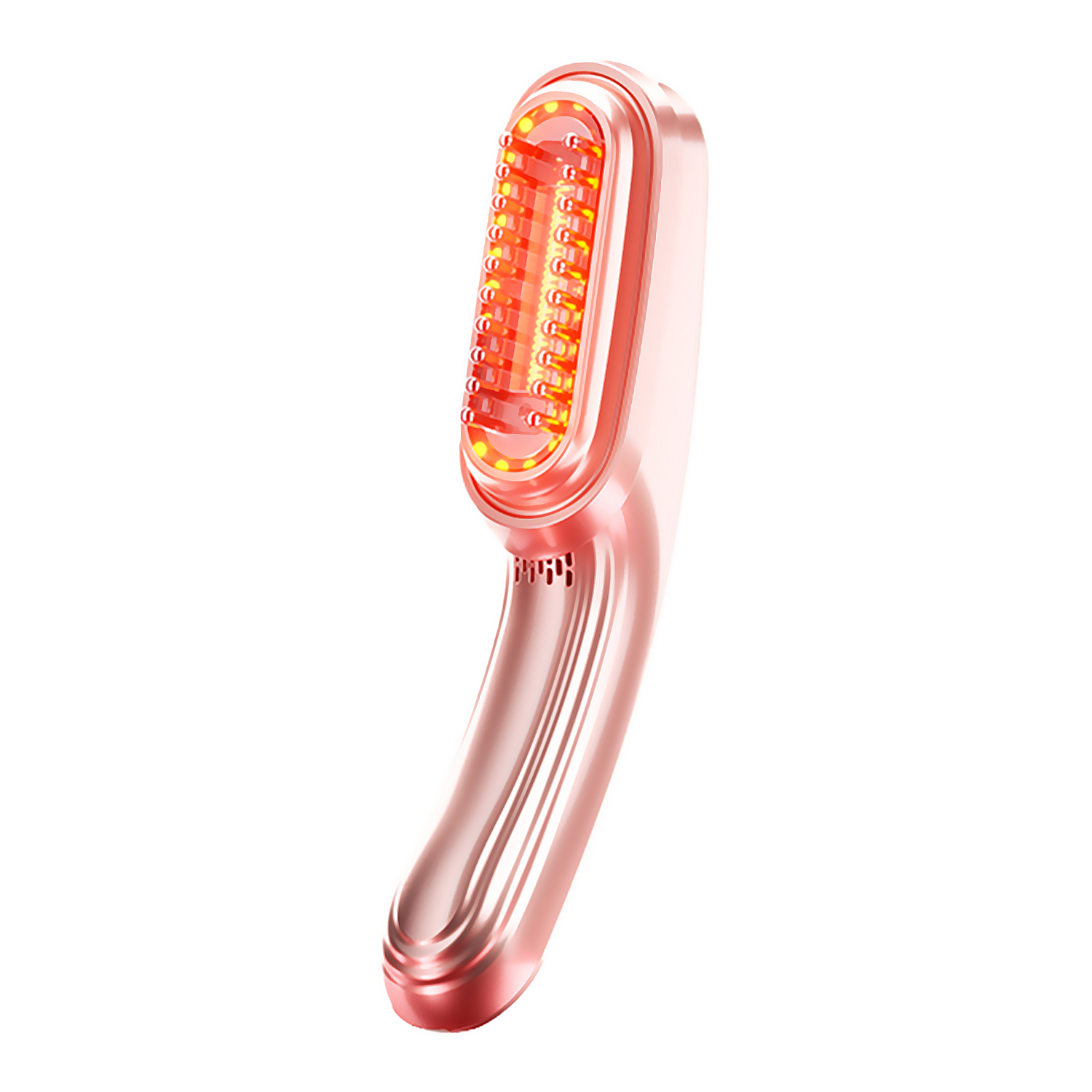 Un dispositivo per il trattamento dei capelli color oro rosa con luci rosse, una testa a forma di pettine e un'impugnatura curva, isolato su sfondo bianco.